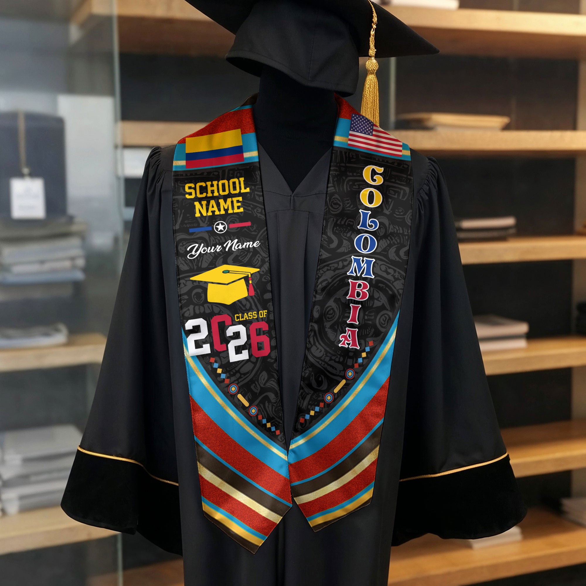 Colombia Flag Graduation Stole 2026, Colombian Grad Sash, Custom Details for Class of 2026