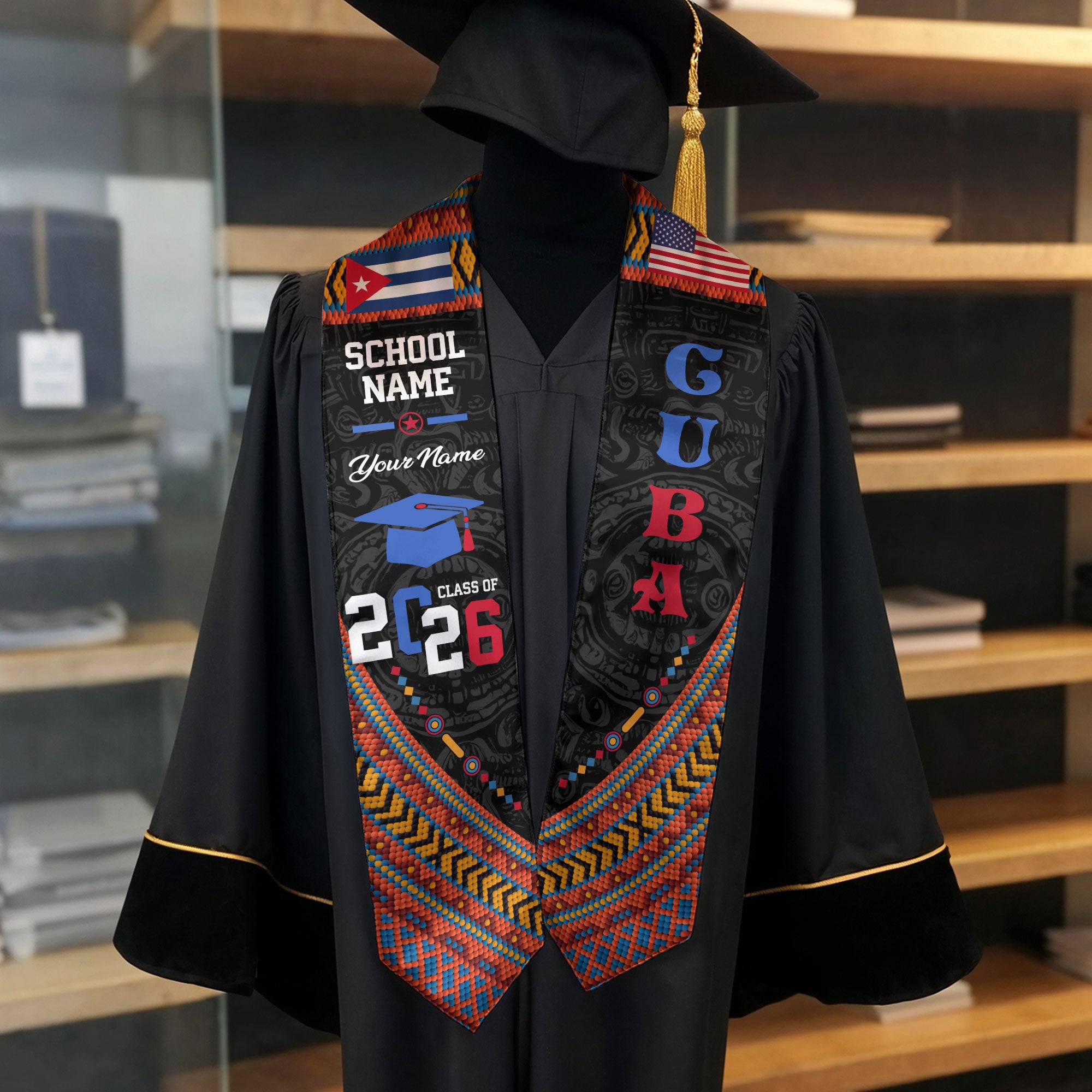 Cuba Flag Graduation Stole 2026, Cuban Grad Sash, Custom Details for Graduates 2026