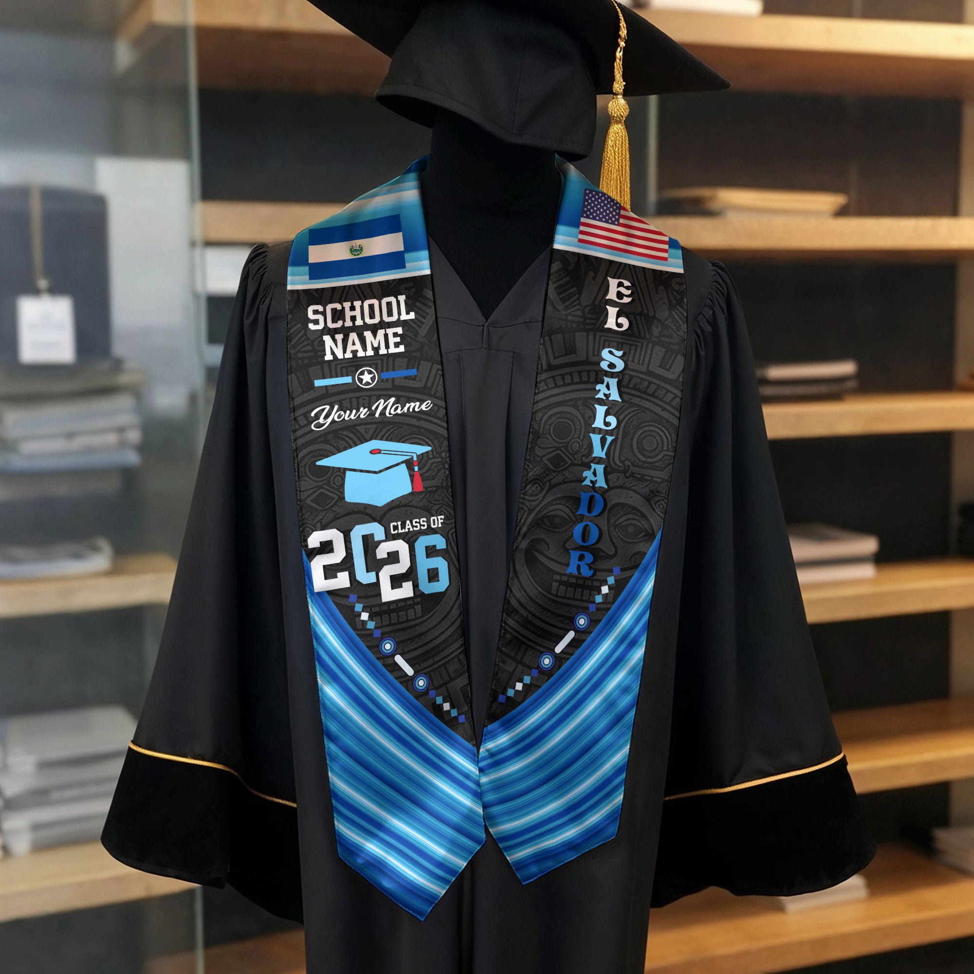 El Salvador Flag Graduation Stole 2026, Salvadoran Grad Sash, Custom Details for 2026