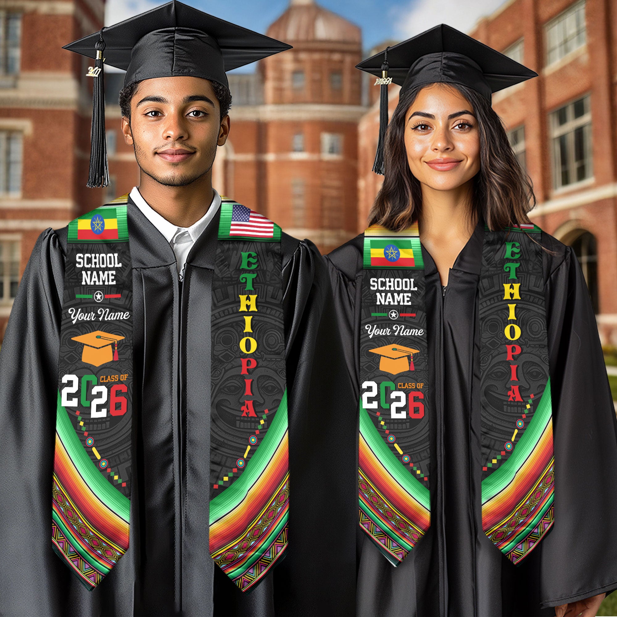 Ethiopia Flag Graduation Stole 2026, Ethiopian Grad Sash, Custom Details for Class of 2026