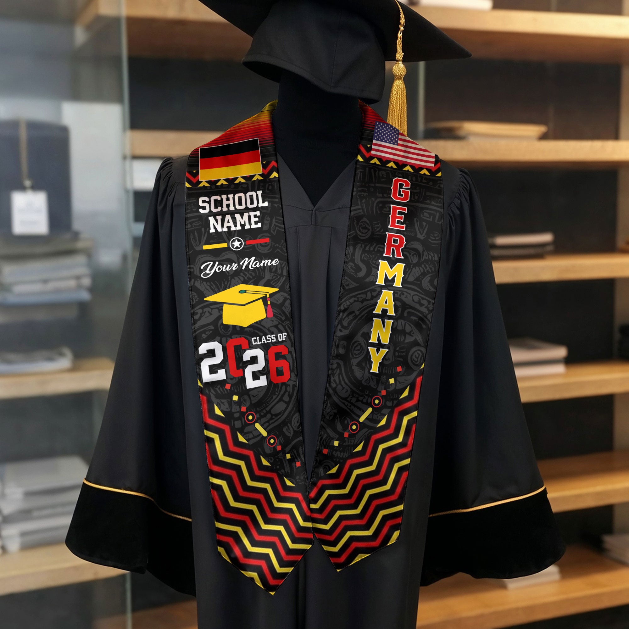 Germany Flag Graduation Stole 2026, German Grad Sash, Custom Details for Class of 2026