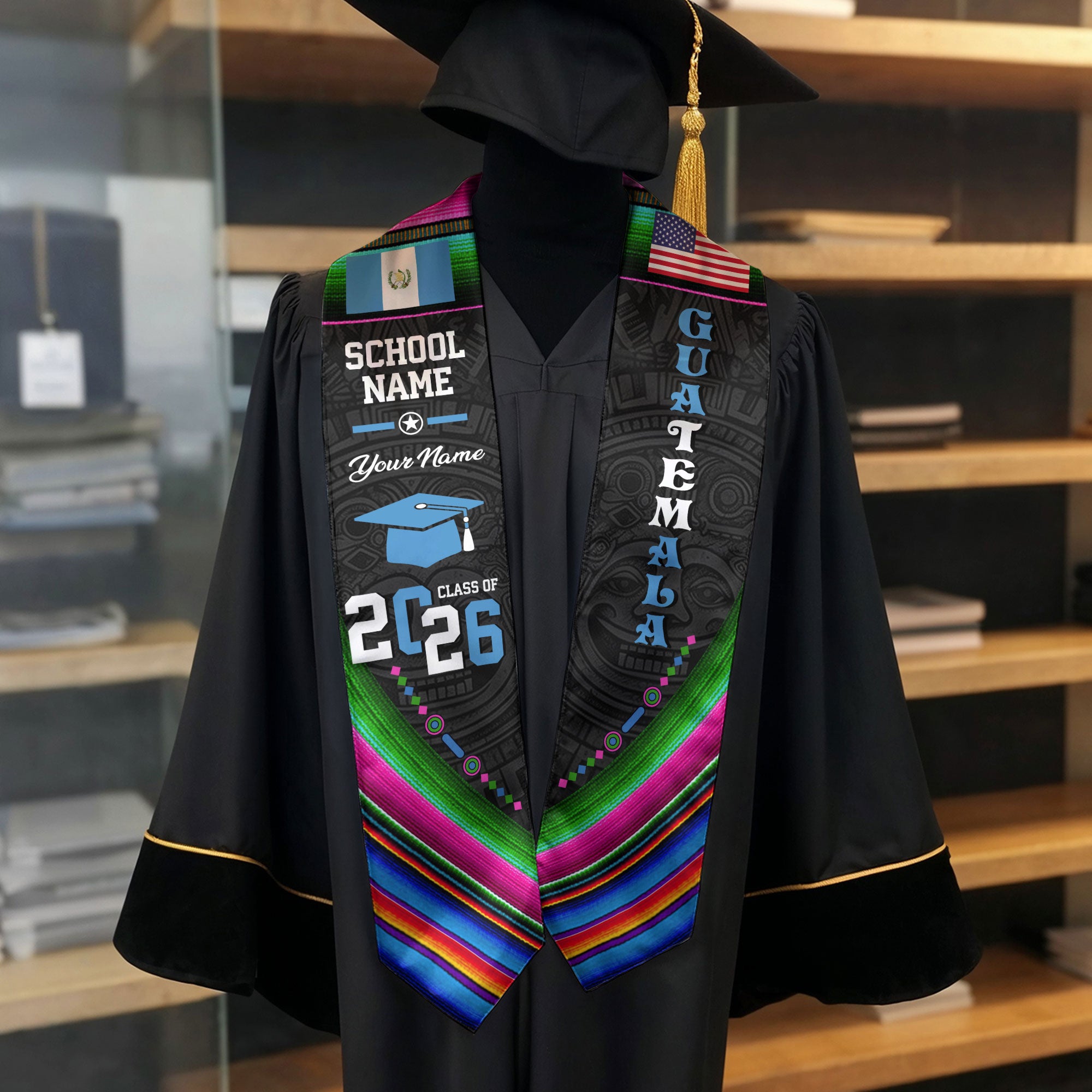 Guatemala Flag Graduation Stole 2026, Guatemalan Grad Sash, Custom Details for Class of 2026