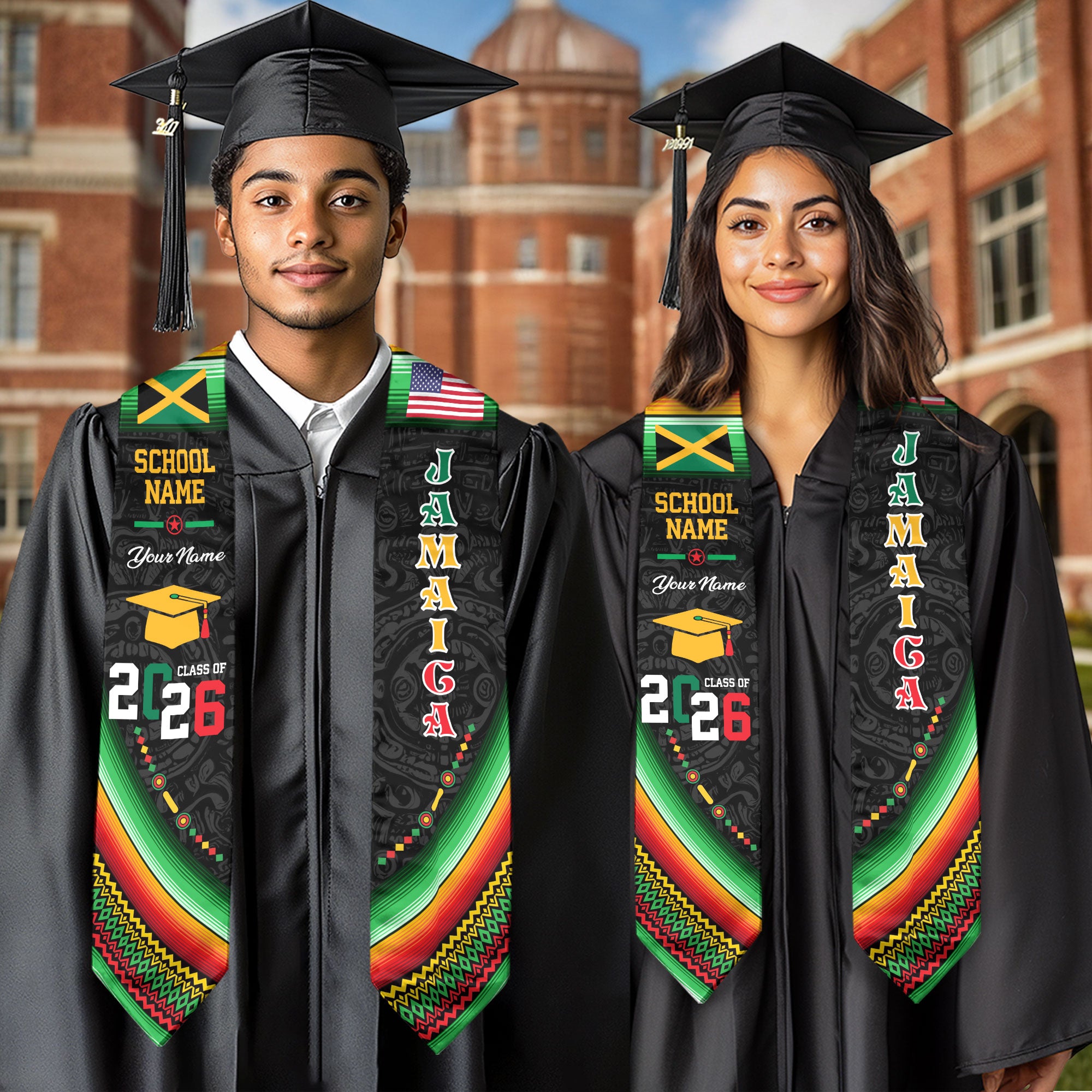 Jamaica Flag Graduation Stole 2026, Jamaican Grad Sash, Custom-Ready Gift Stole 2026