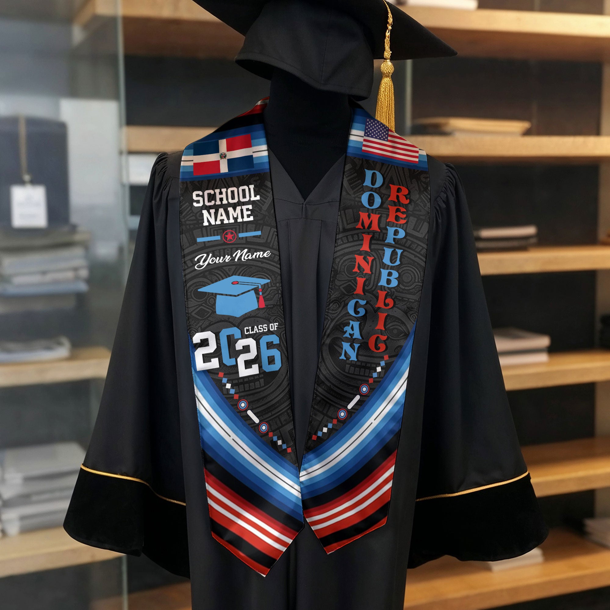 Dominican Republic Flag Graduation Stole 2026, Dominican Republic Grad Sash, Custom Details for Class of 2026