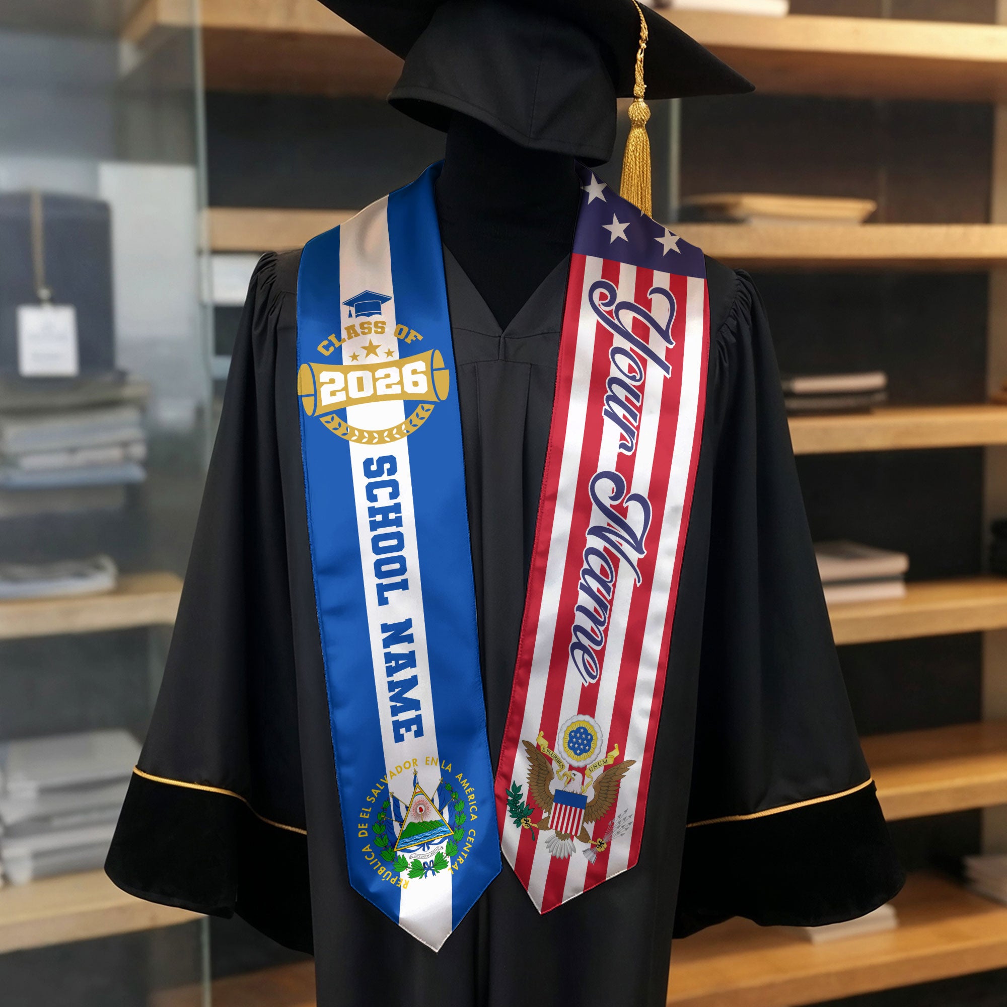 Salvadoran Graduation Stole 2026, El Salvador Flag Sash, Graduation Stole Custom Accent