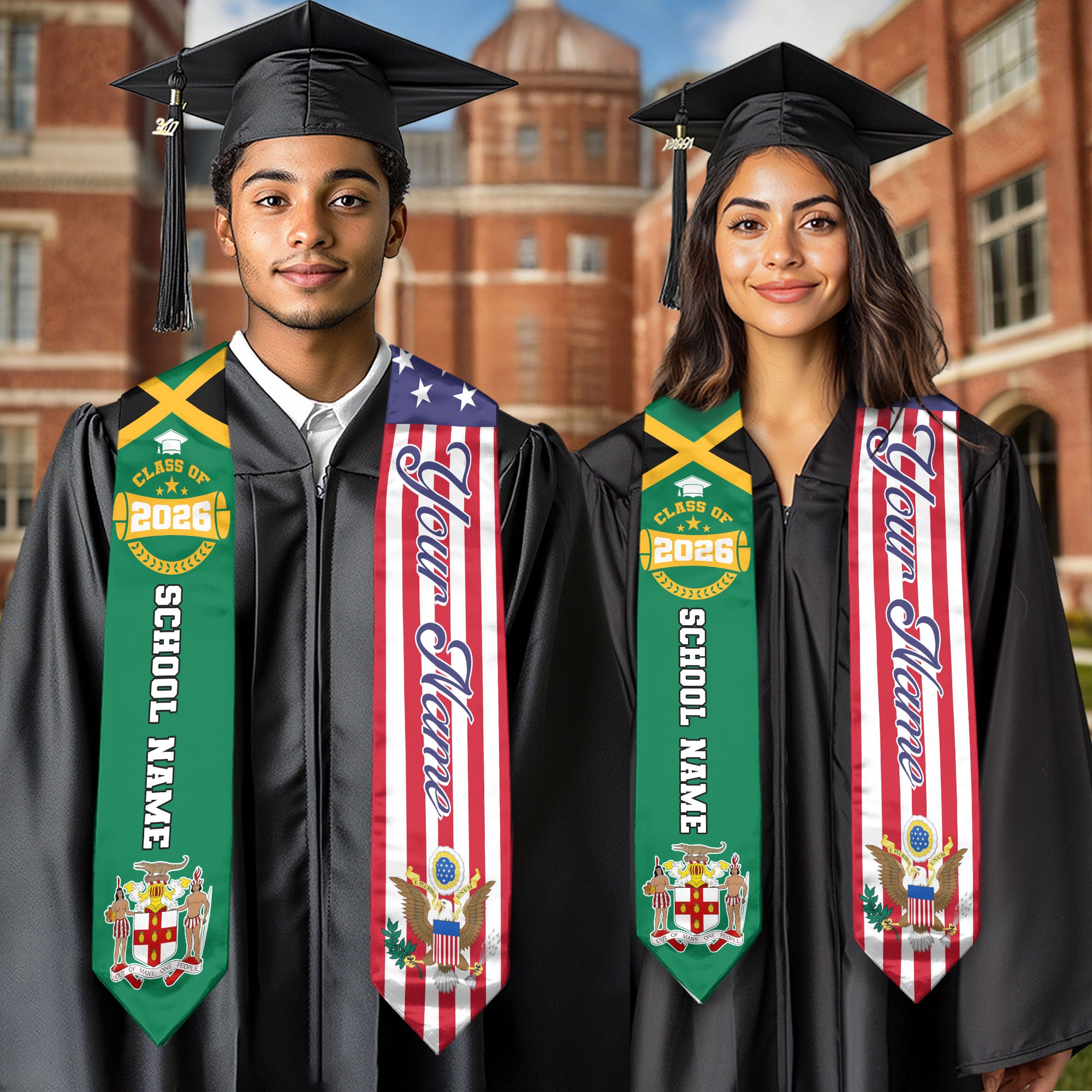 Class of 2026 Jamaica Graduation Stole, Jamaican Flag Sash, Custom Style Grad Accessory