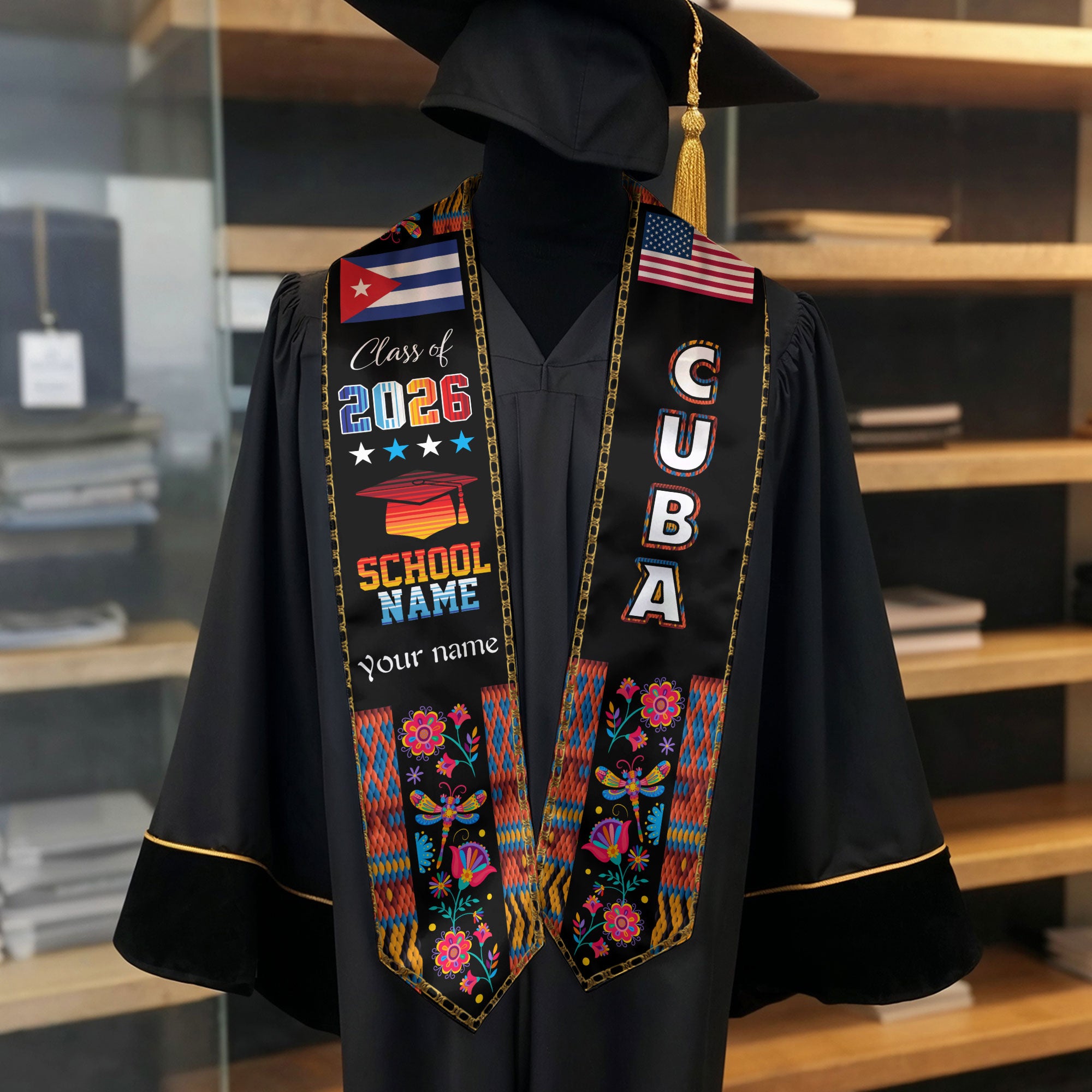 Cuba Graduation Sash 2026, Cuban Flag Graduation Stole, Customizable Detail Stole 2026