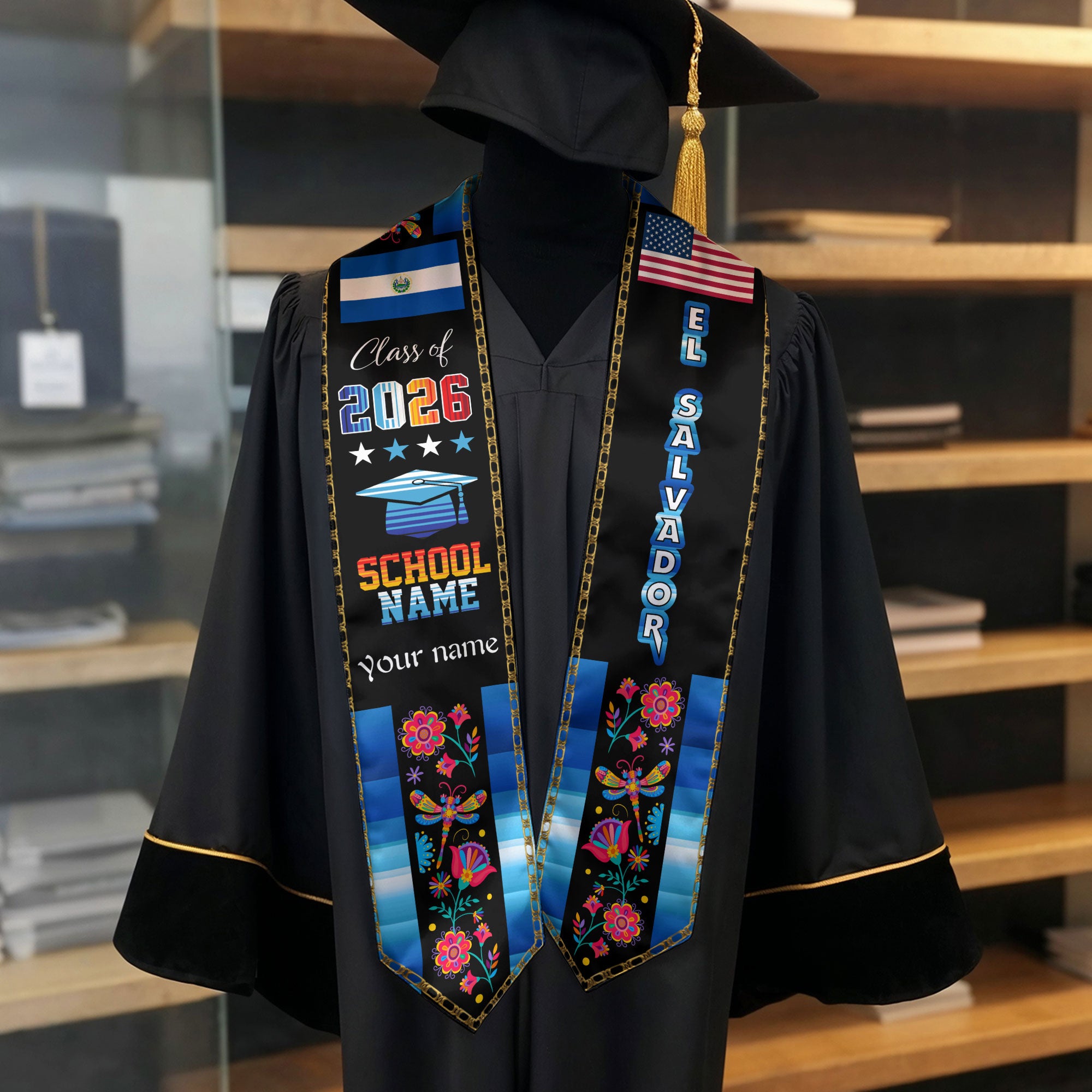 El Salvador Graduation Sash 2026, Salvadoran Flag Stole, Customizable Detail Grad Stole