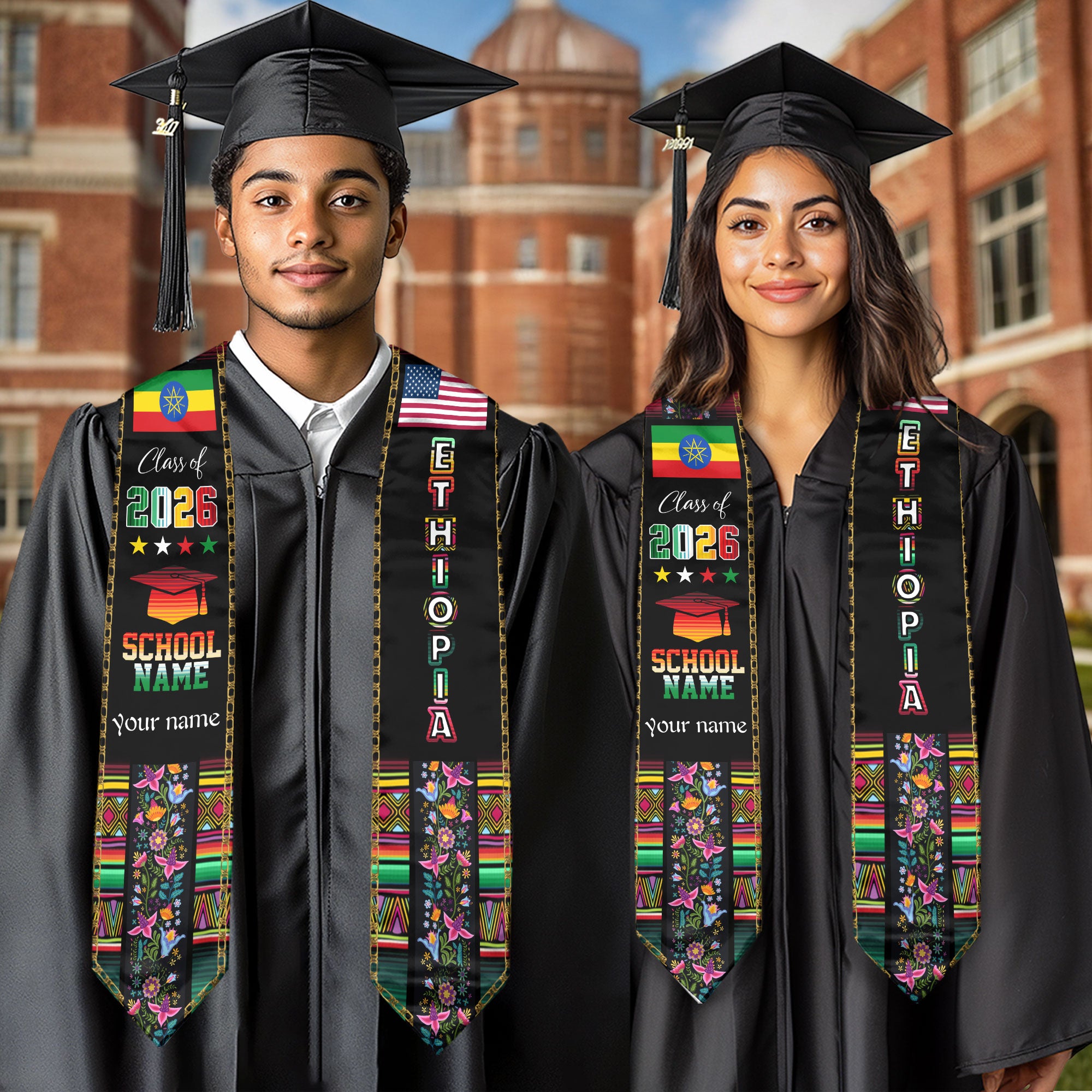 Ethiopia Graduation Sash 2026, Ethiopian Flag Graduation Stole, Personalized Finish for Grads