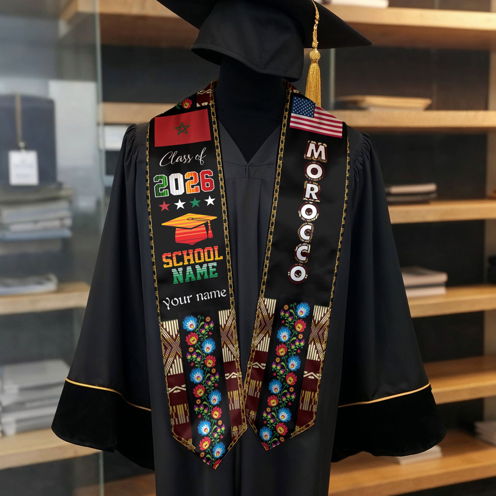 Moroccan Graduation Sash 2026, Morocco Flag Stole, Graduation Sash with Custom Finish