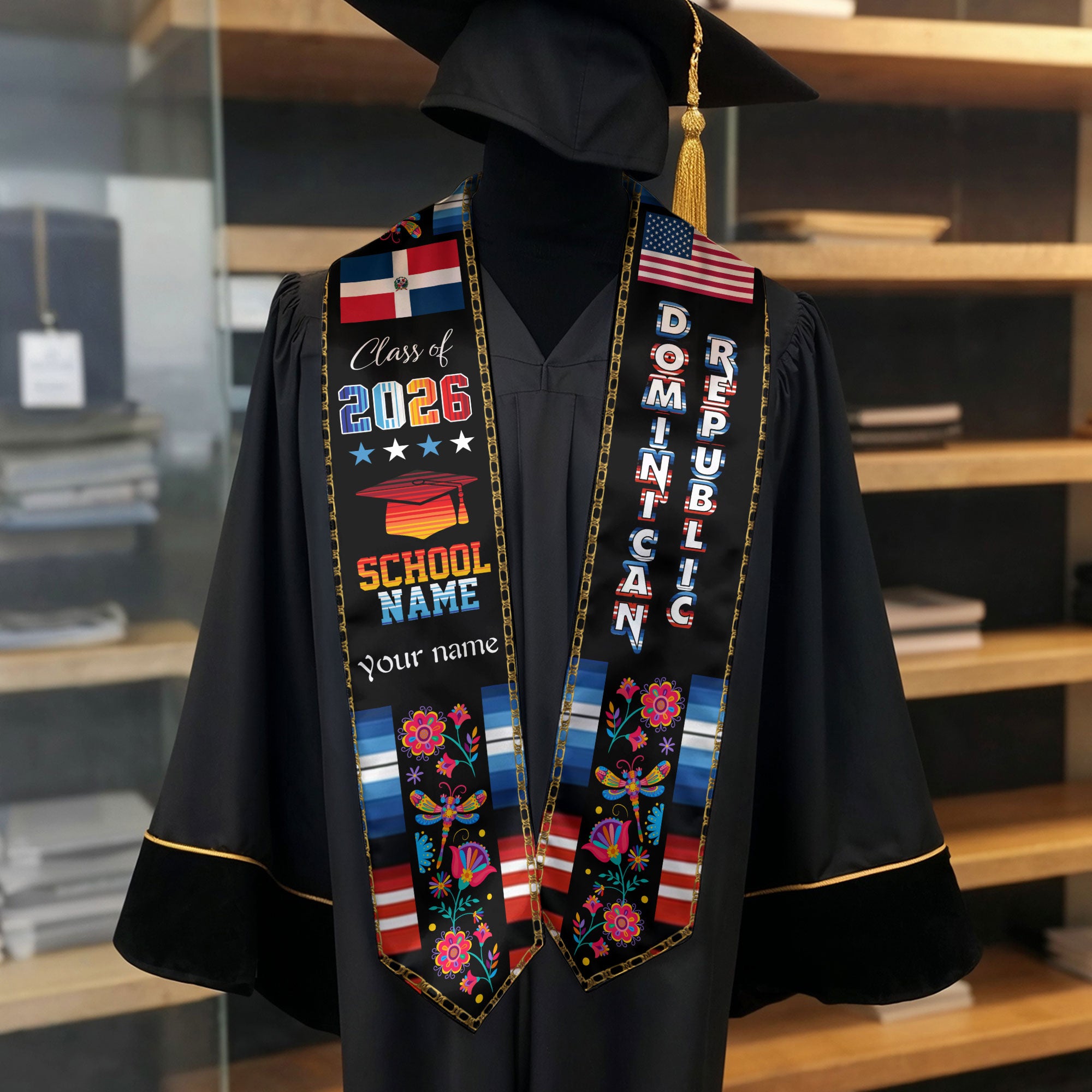 Dominican Republic Graduation Stole 2026, Dominican Republic Flag Sash, Customizable Detail Graduation Stole