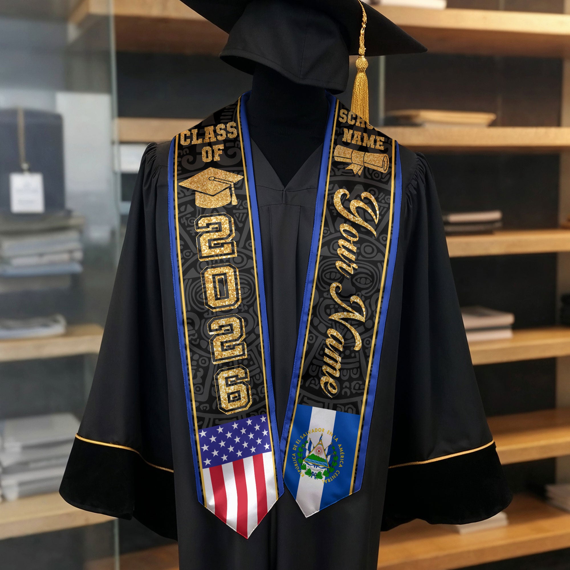 Salvadoran Flag Graduation Stole 2026, El Salvador Graduation Sash, Personal Finish