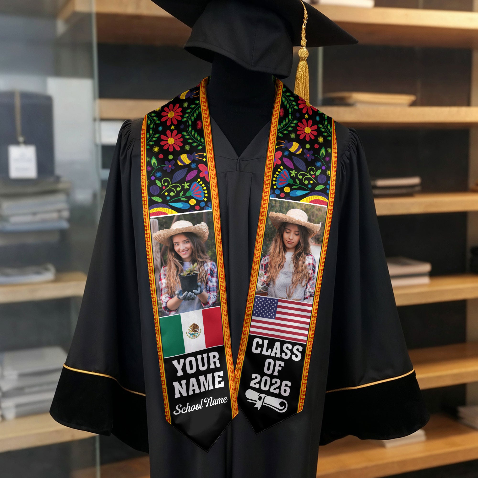 Mexico Flag Graduation Sash 2026, Mexican Graduation Stole, Add Your Details Option