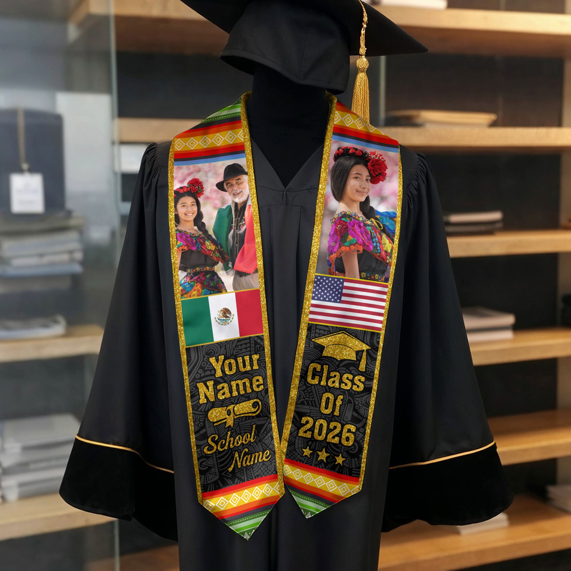 2026 Mexico Graduation Stole, Mexico Flag Sash, Personal Name Detail Option for Grads