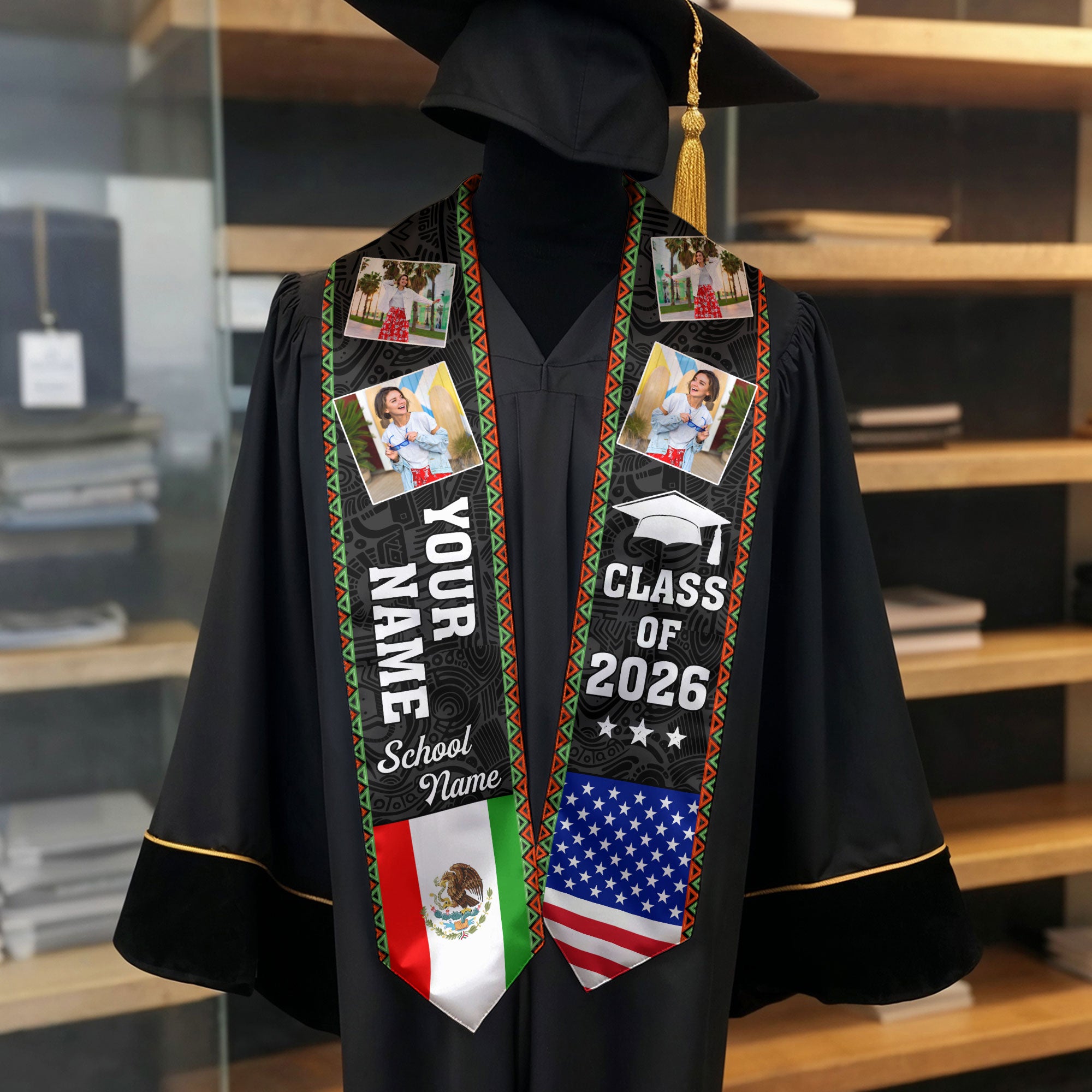Mexican Flag Graduation Stole 2026, Mexico Sash for Graduation, Name & Year Option