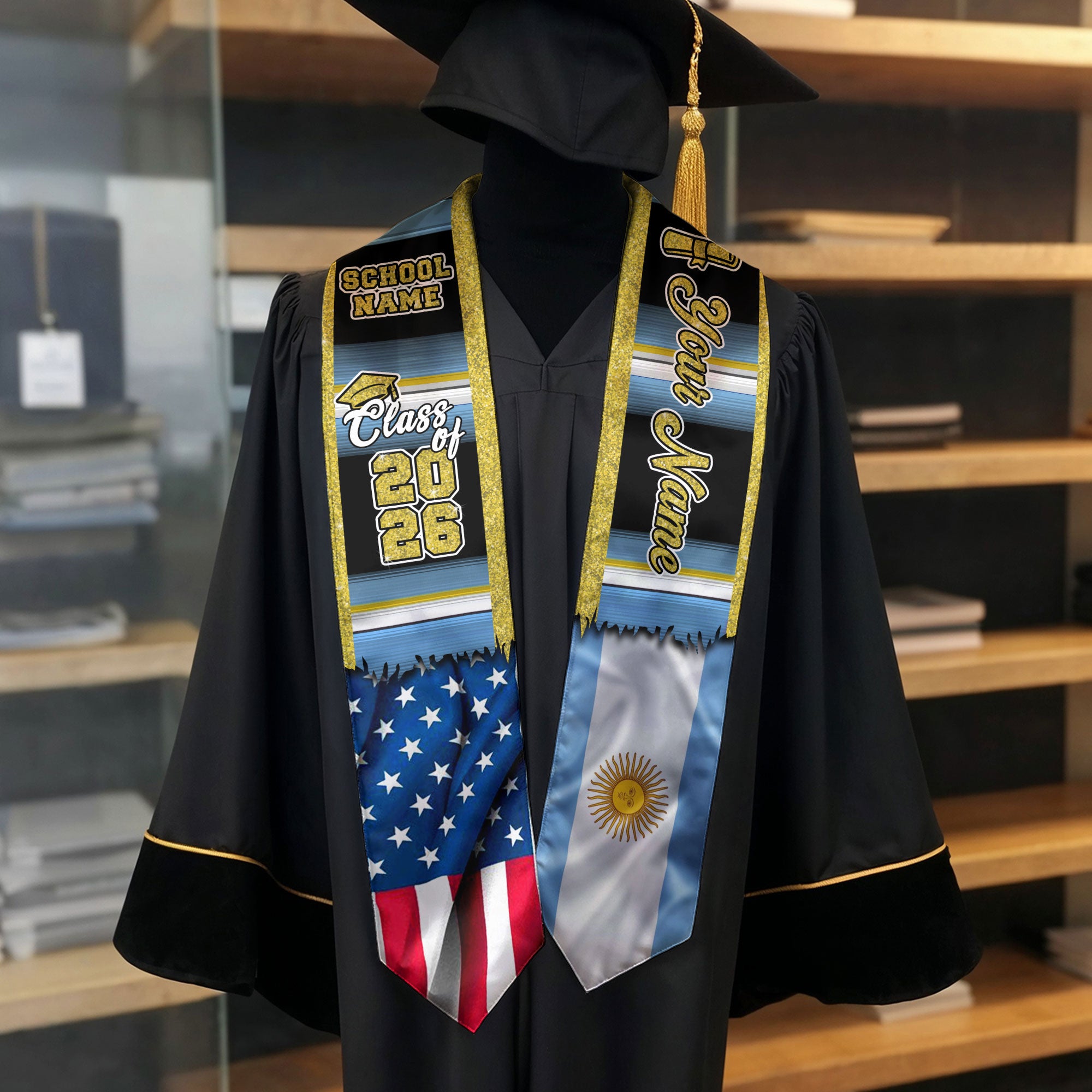 Customized Argentina Graduation Stole with Flag Inspired Design, Graduation Sash Celebrating Class of 2026