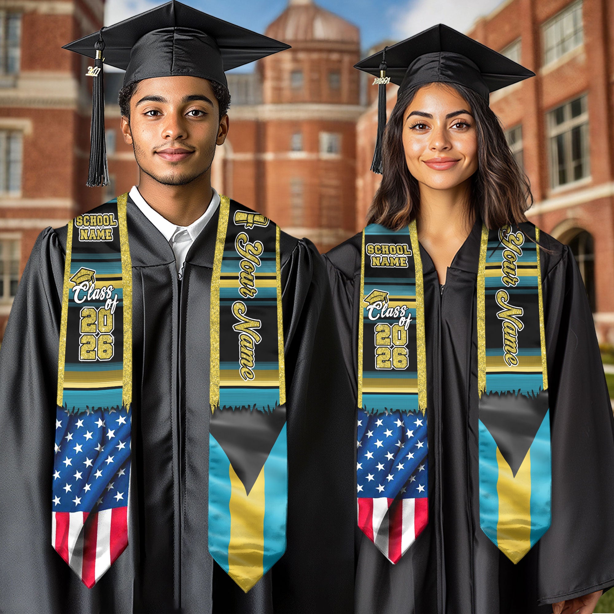 Customized Bahamas Graduation Stole Featuring Island Flag Colors, Graduation Sash for the Class of 2026