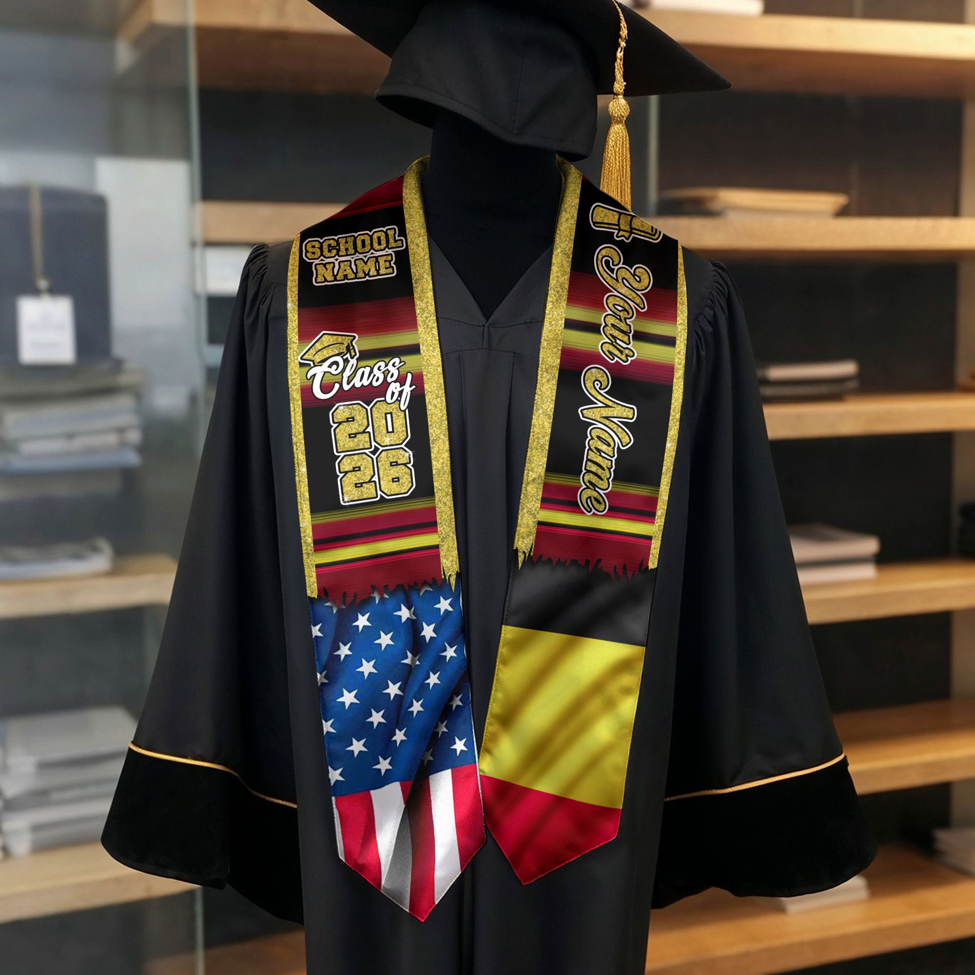 Customized Belgium Graduation Stole with Belgian Flag Style Accents, Graduation Sash Class of 2026