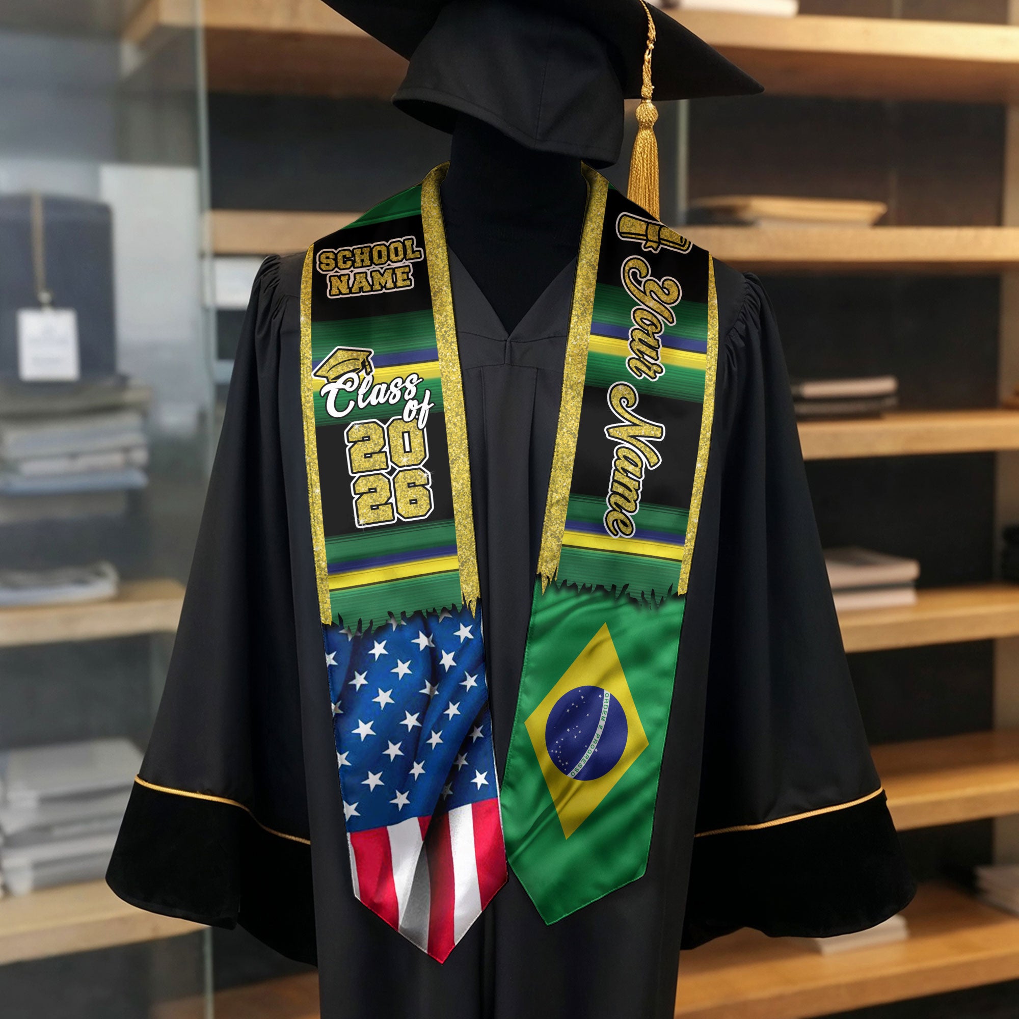 Customized Brazil Graduation Stole Showcasing Brazilian Flag Heritage, Graduation Sash for Class of 2026