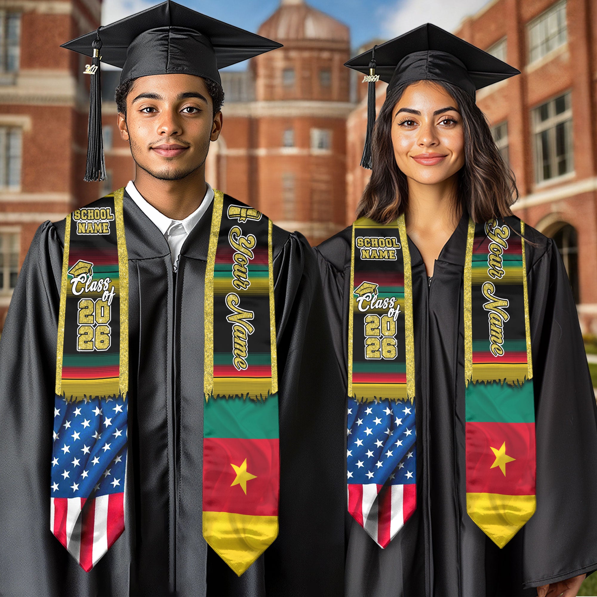 Customized Cameroon Graduation Stole with National Flag Motif, Graduation Sash Celebrating 2026 Graduates