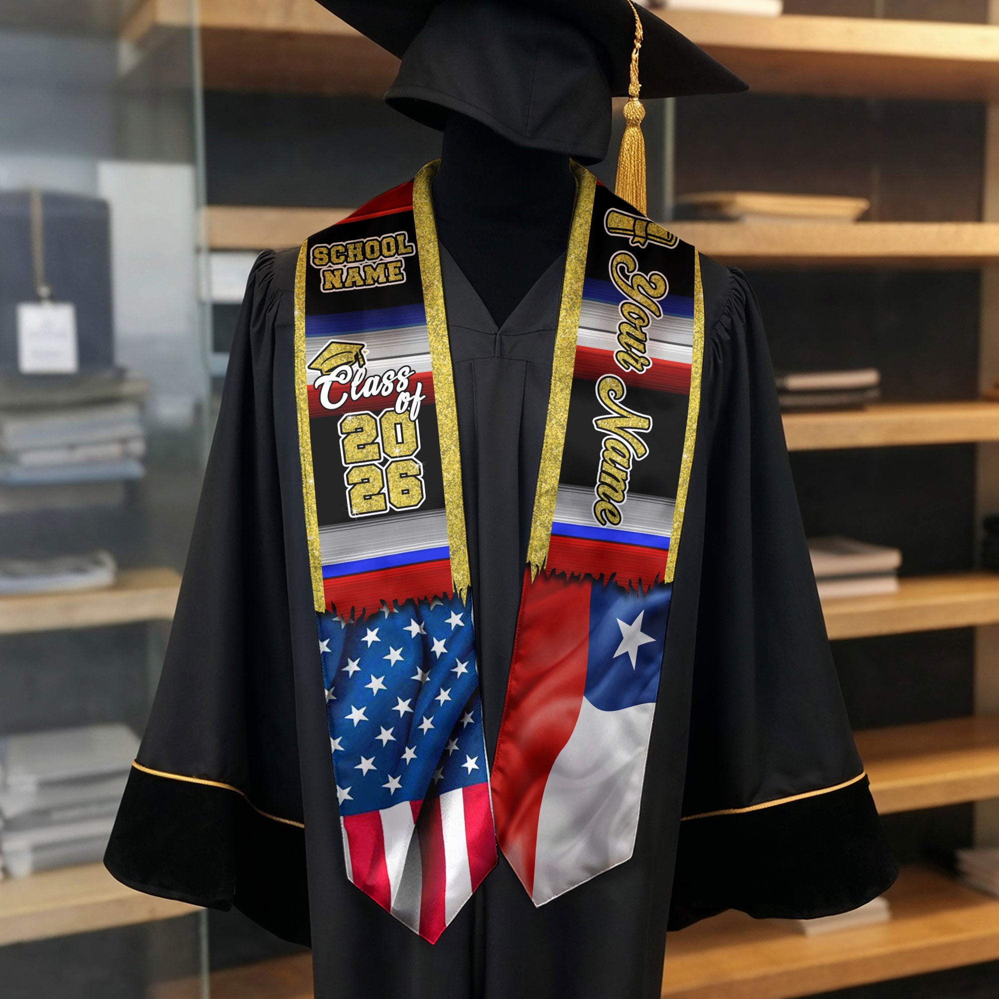 Customized Chile Graduation Stole with Chilean Flag Inspired Pattern, Graduation Sash Class of 2026