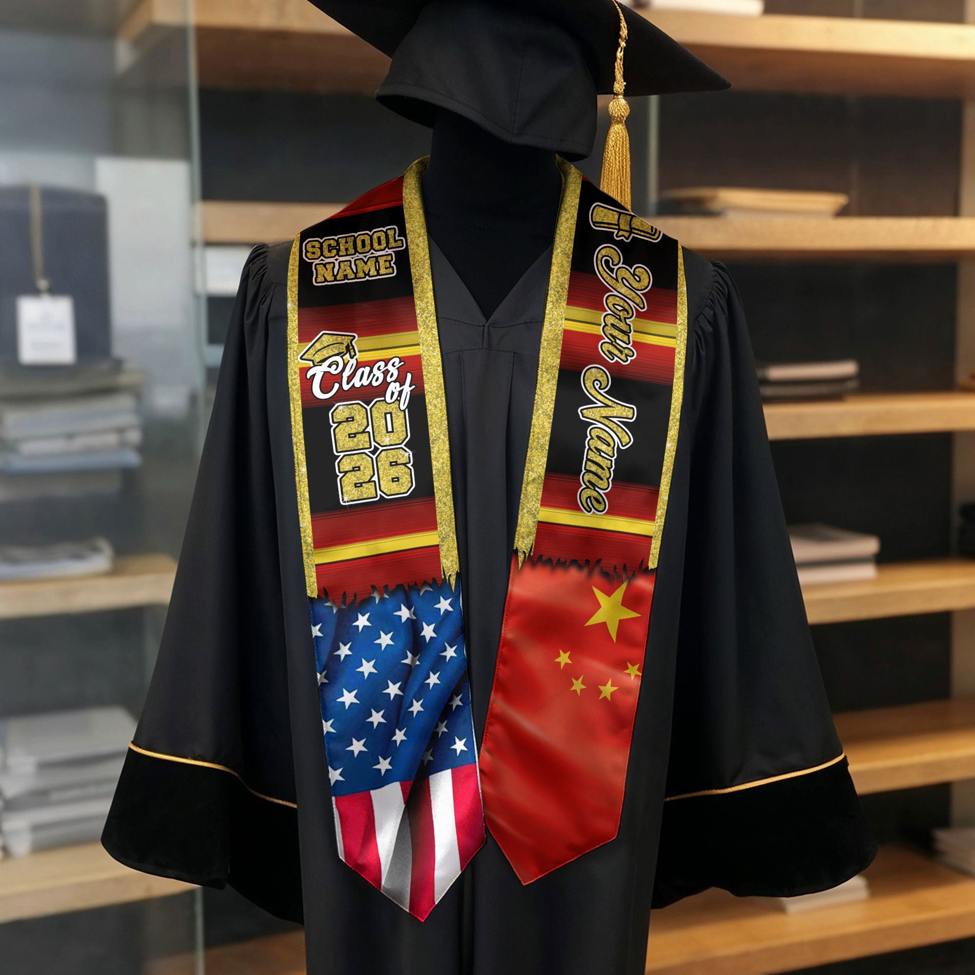 Customized China Graduation Stole Highlighting Chinese Flag Elements, Graduation Sash for Class of 2026