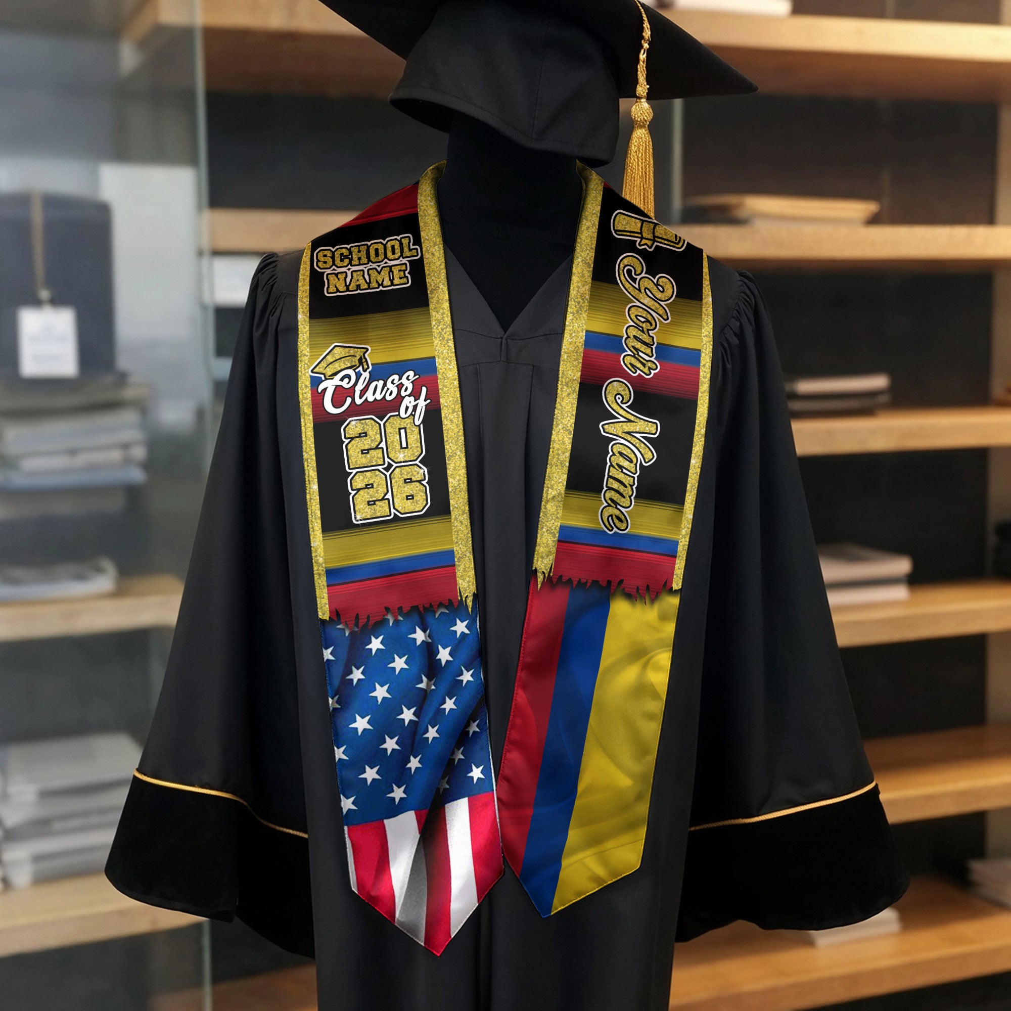 Customized Colombia Graduation Stole with Colombian Flag Style Design, Graduation Sash Class of 2026