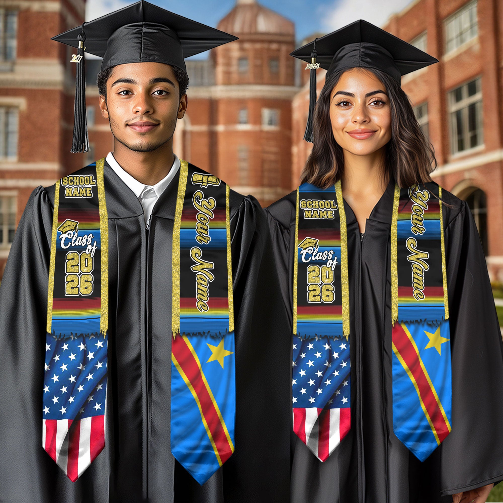Customized DR Congo Graduation Stole with Congolese Flag Inspired Motif, Graduation Sash for 2026