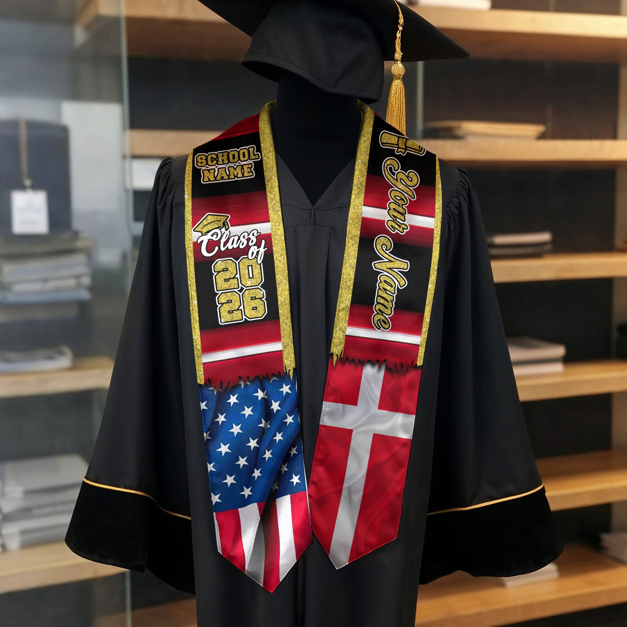 Customized Denmark Graduation Stole with Danish Flag Inspired Style, Graduation Sash Class of 2026
