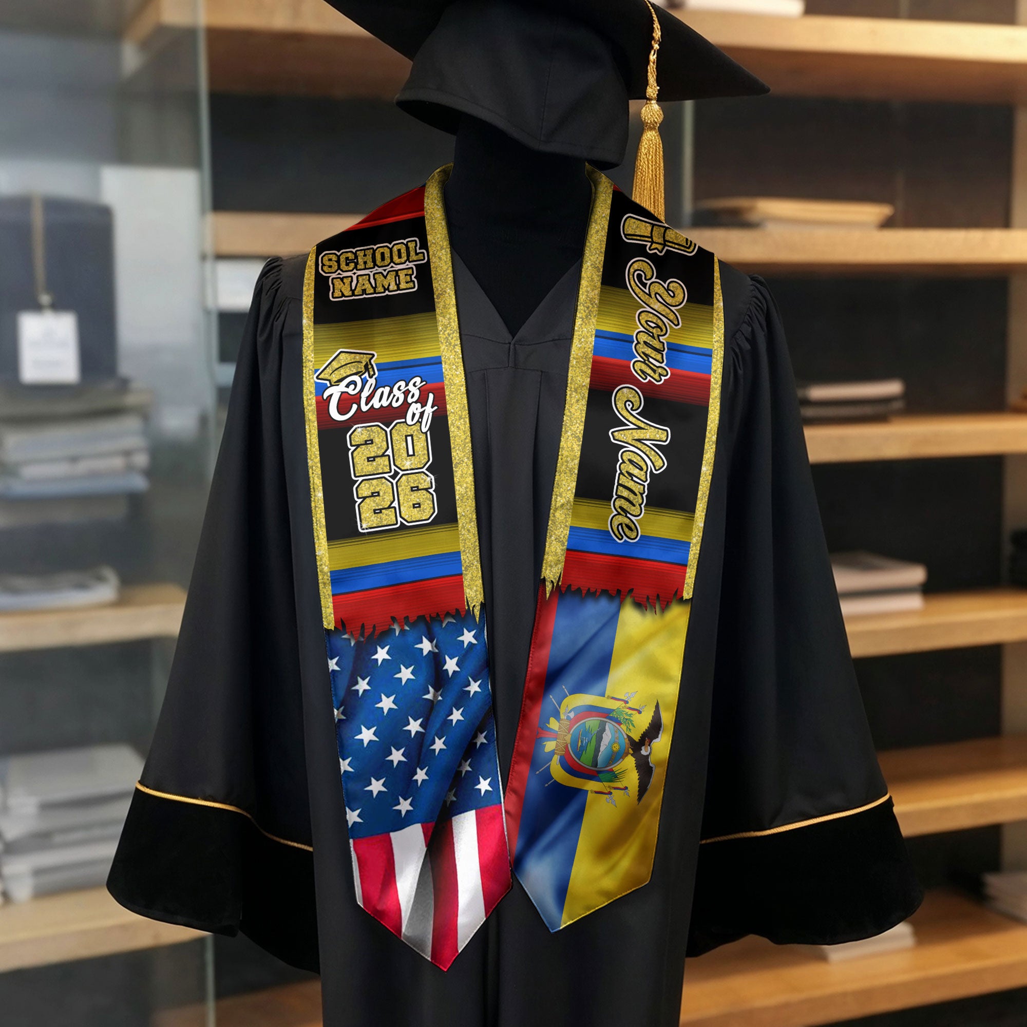 Customized Ecuador Graduation Stole Showcasing Ecuadorian Flag Colors, Graduation Sash Class of 2026
