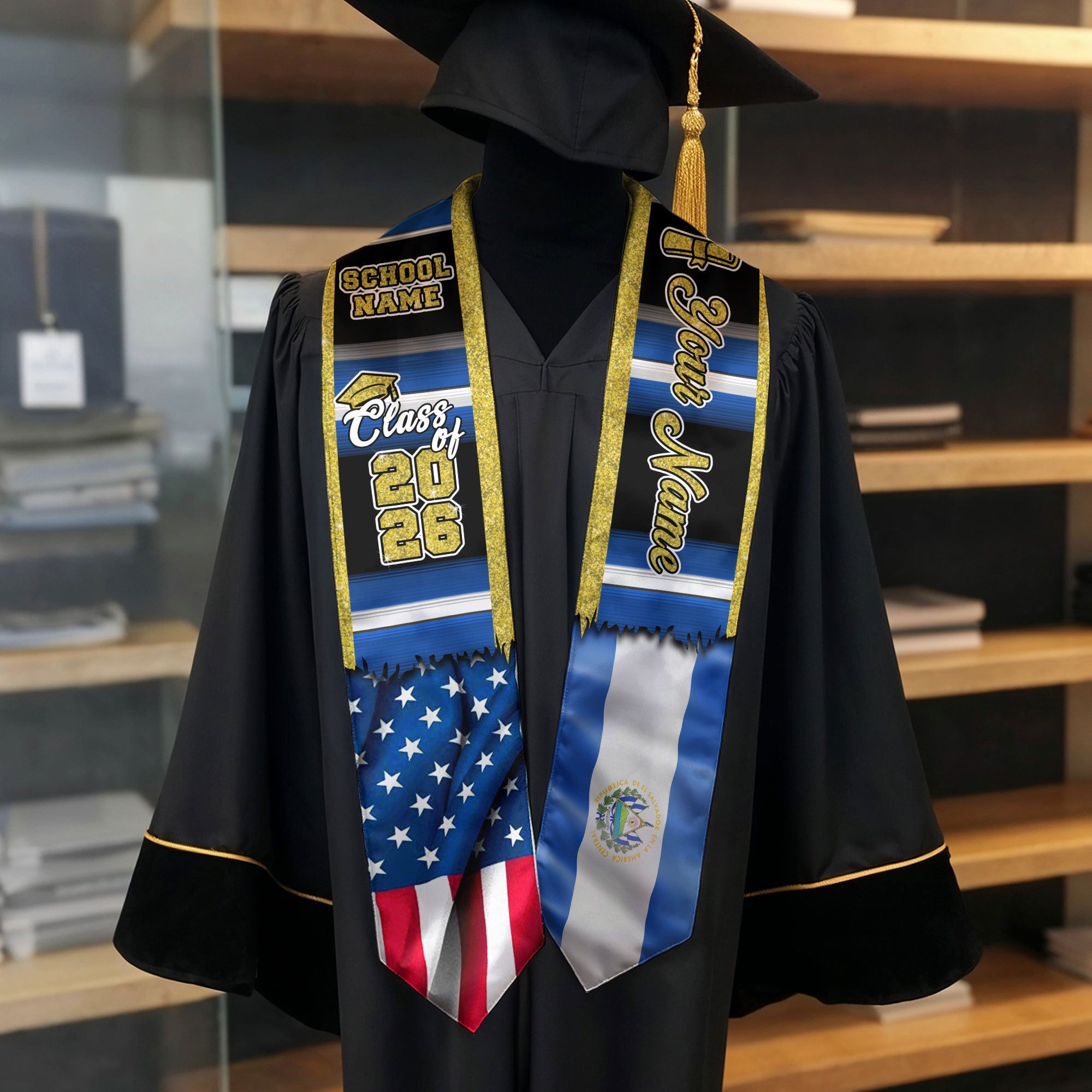Customized El Salvador Graduation Stole with Salvadoran Flag Design, Graduation Sash for Class of 2026