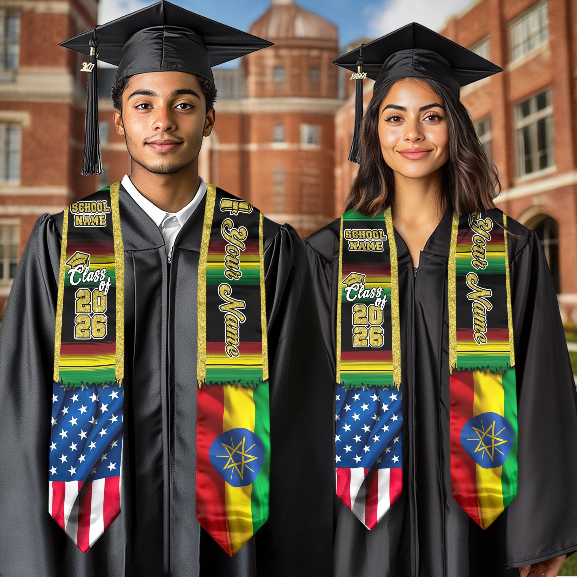 Customized Ethiopia Graduation Stole Featuring Ethiopian Flag Heritage Style, Graduation Sash Class of 2026