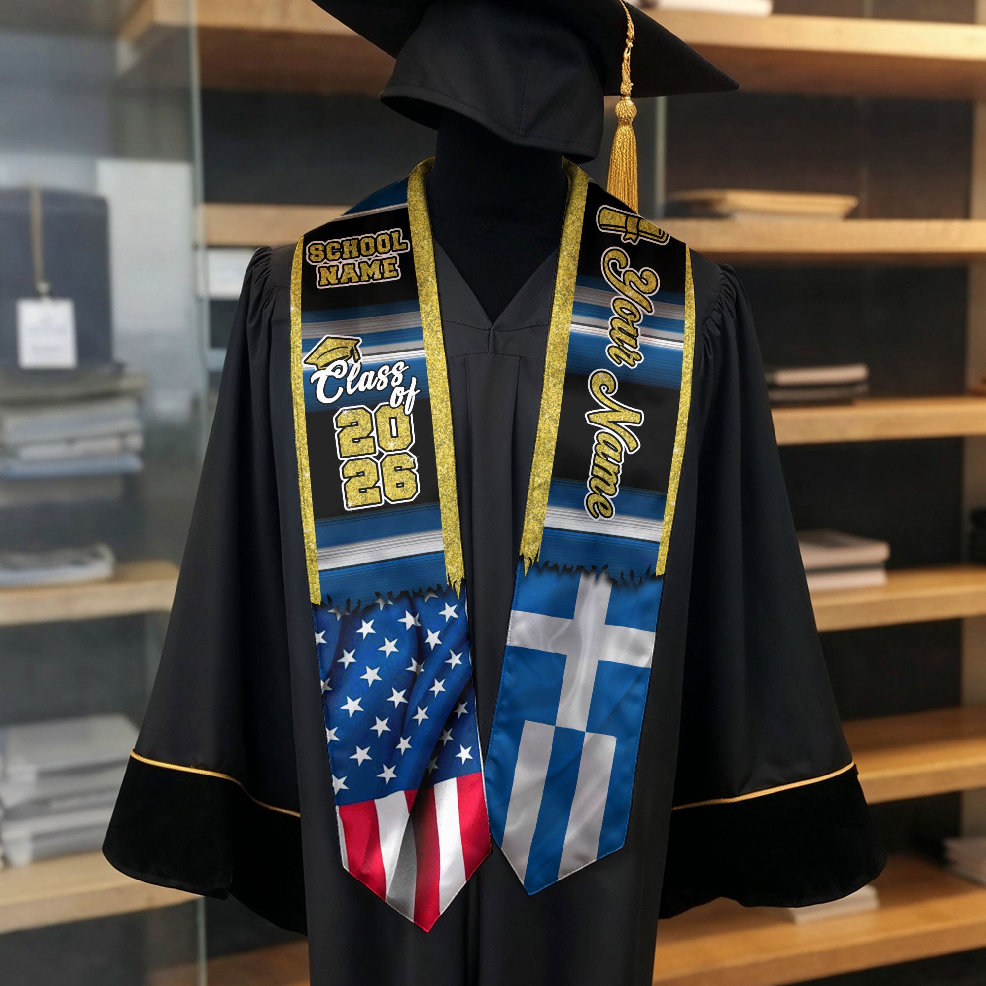 Customized Greece Graduation Stole Featuring Greek Flag Heritage Pattern, Graduation Sash for Class of 2026