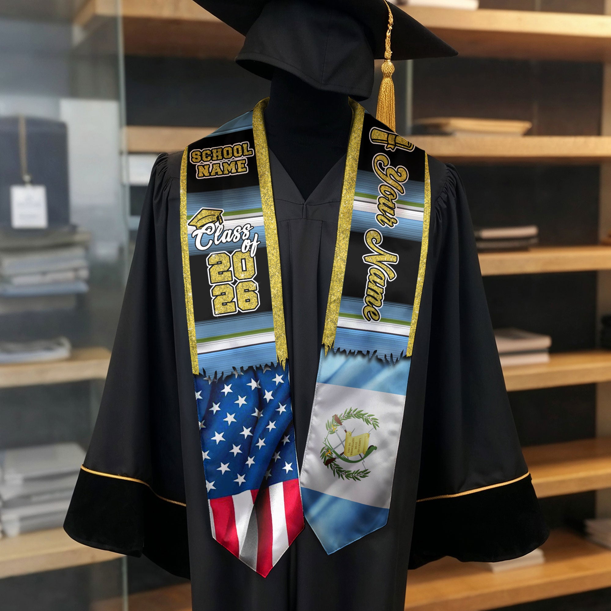 Customized Guatemala Graduation Stole with Guatemalan Flag Style Design, Graduation Sash Class of 2026