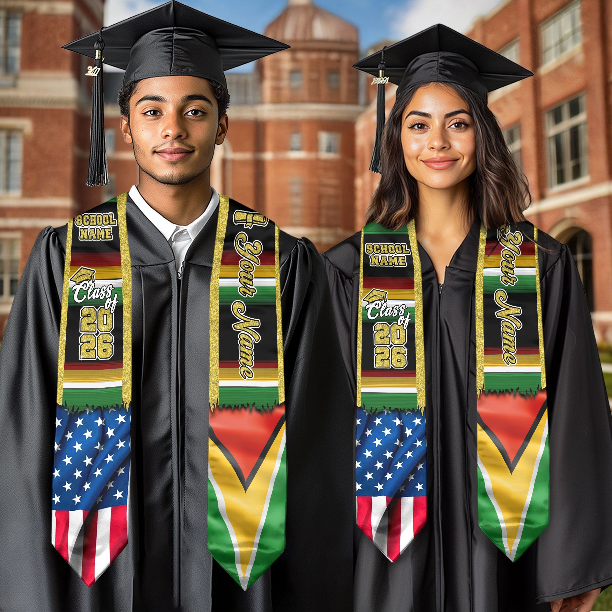 Customized Guyana Graduation Stole Showcasing Guyanese Flag Colors, Graduation Sash for Class of 2026