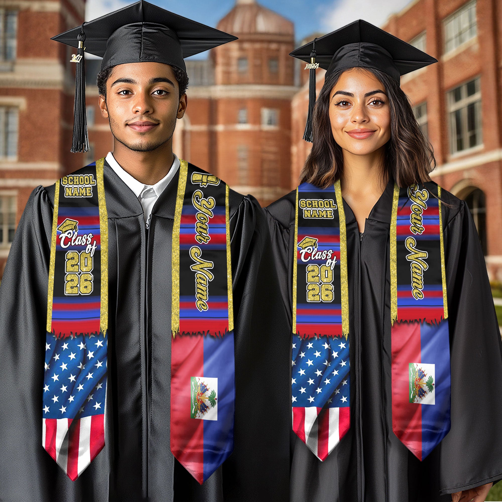 Customized Haiti Graduation Stole with Haitian Flag Inspired Motif, Graduation Sash Class of 2026