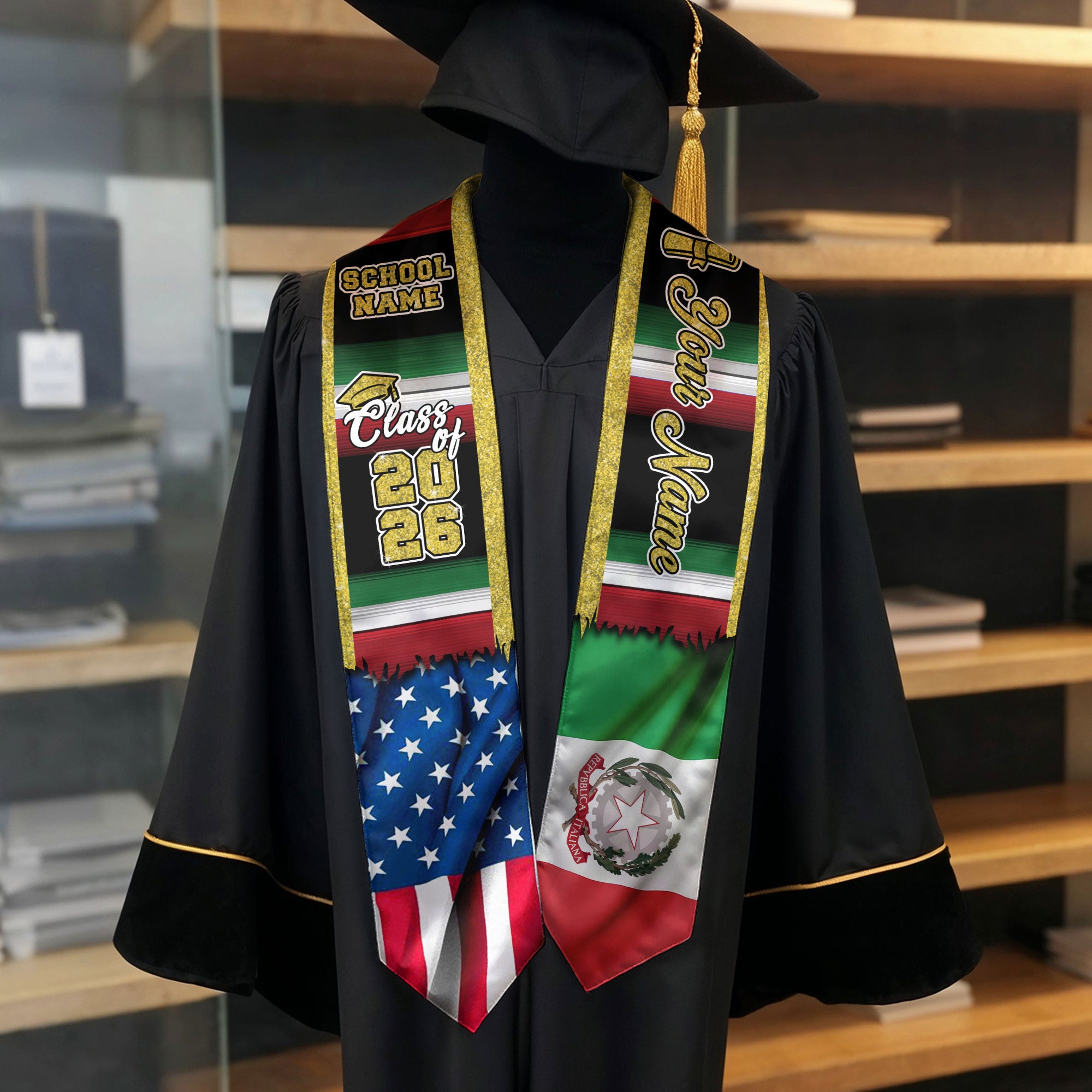 Customized Italy Graduation Stole Featuring Italian Flag Heritage Pattern, Graduation Sash for Class of 2026