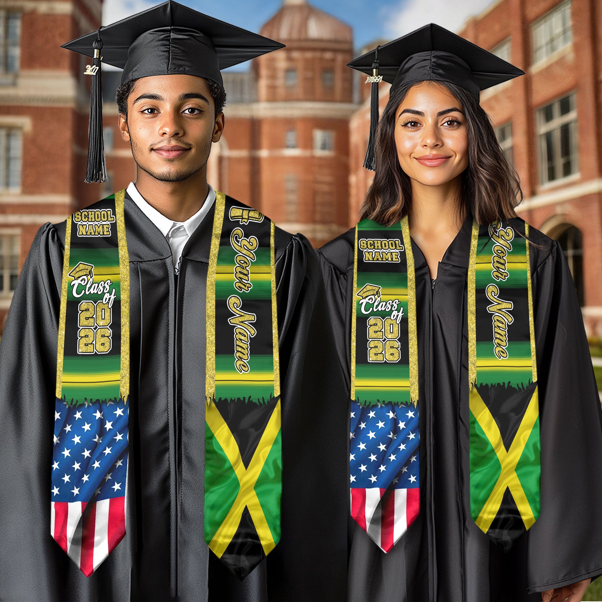 Customized Jamaica Graduation Stole Showcasing Jamaican Flag Style, Graduation Sash Class of 2026
