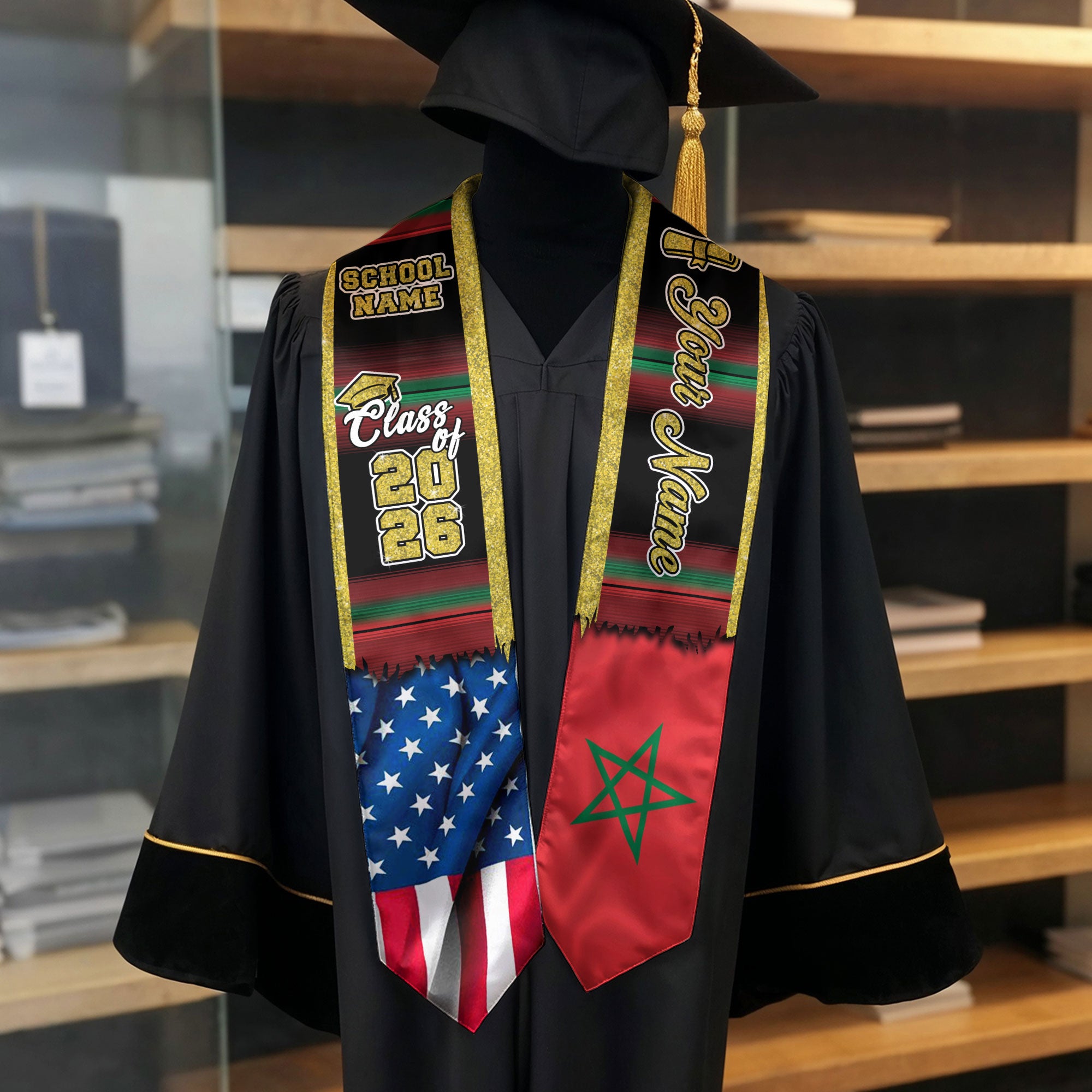 Customized Morocco Graduation Stole Featuring Moroccan Flag Heritage Accents, Graduation Sash Class of 2026