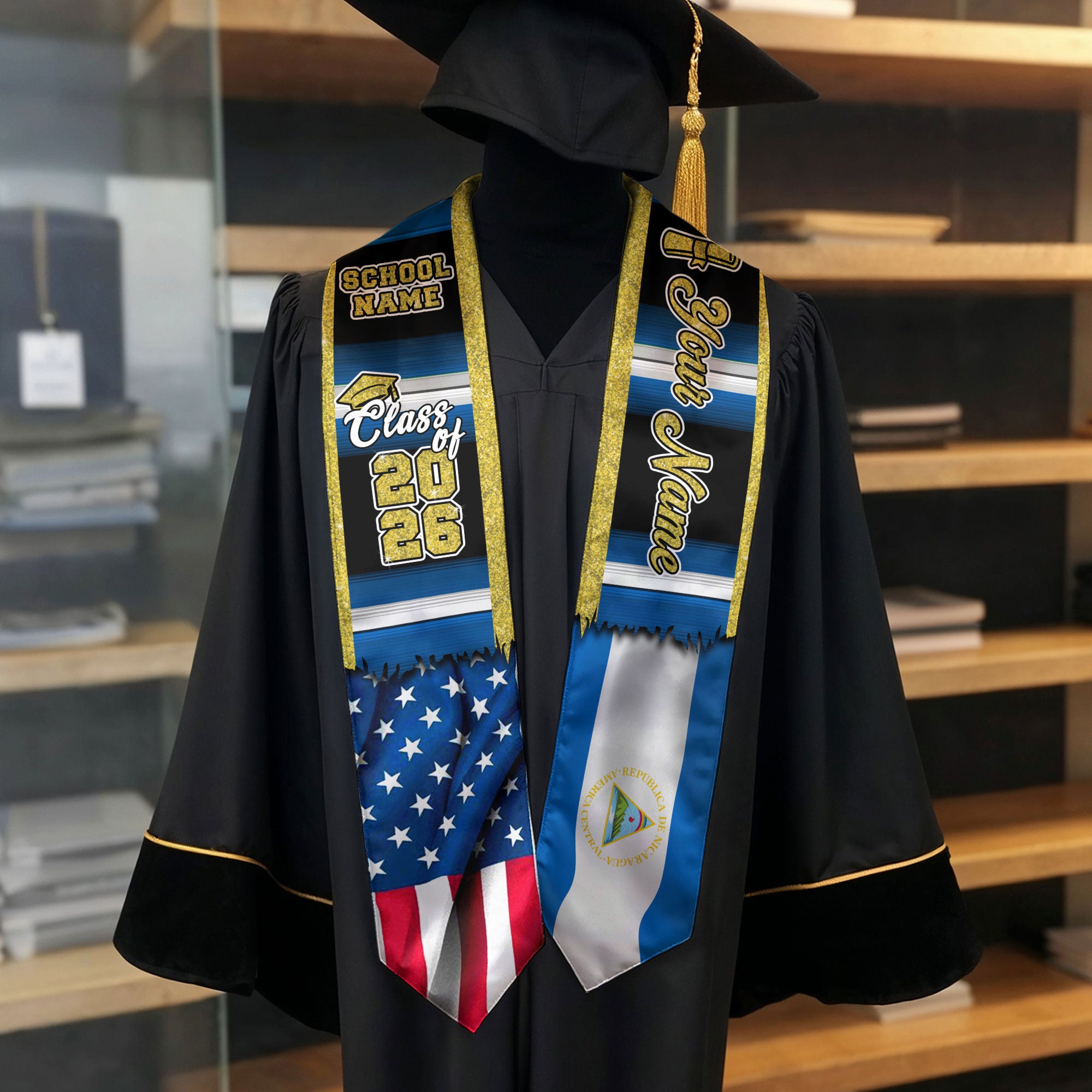 Customized Nicaragua Graduation Stole Showcasing Nicaraguan Flag Design, Graduation Sash Class of 2026