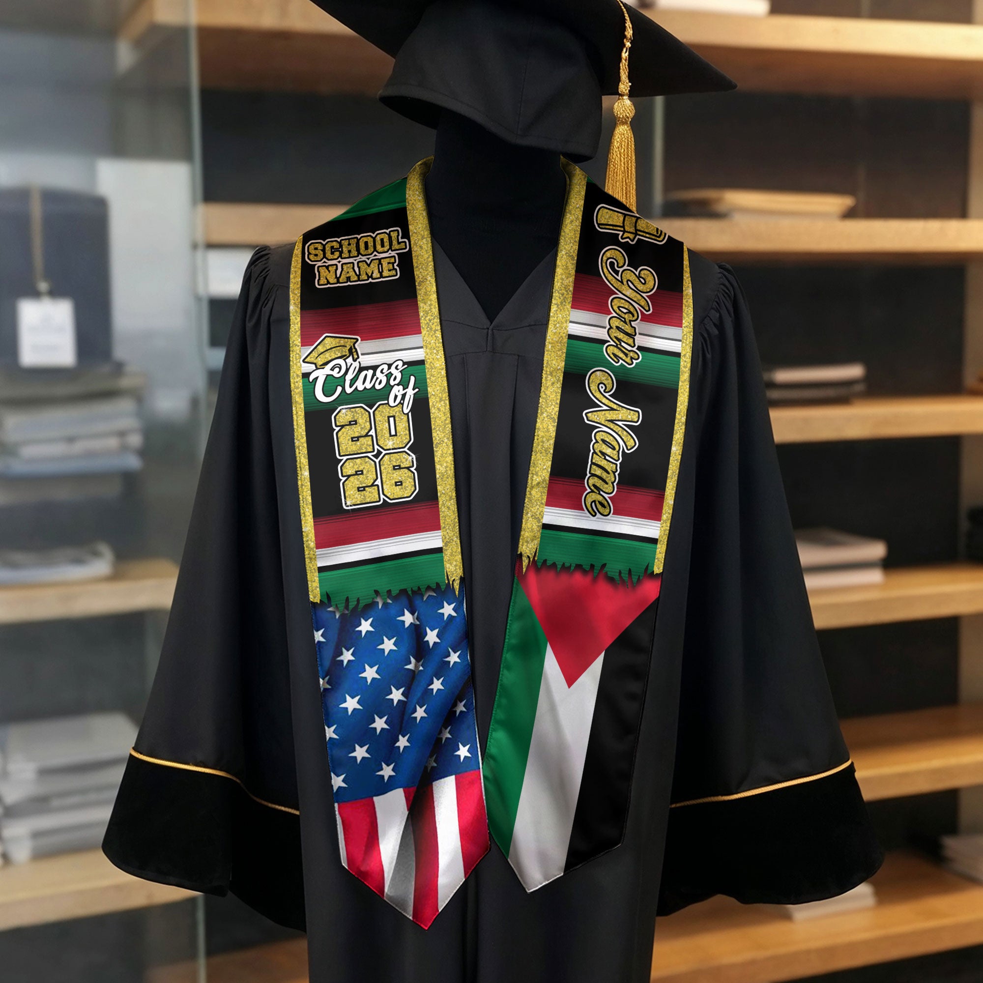 Customized Palestine Graduation Stole with Palestinian Flag Inspired Design, Graduation Sash Class of 2026