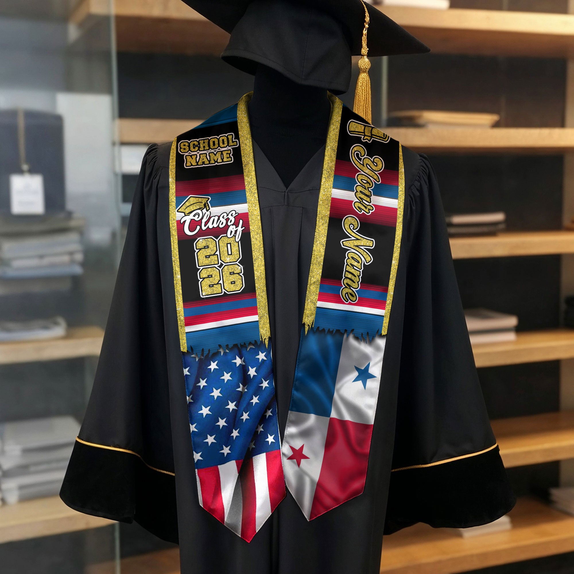 Customized Panama Graduation Stole Highlighting Panamanian Flag Elements, Graduation Sash for Class of 2026