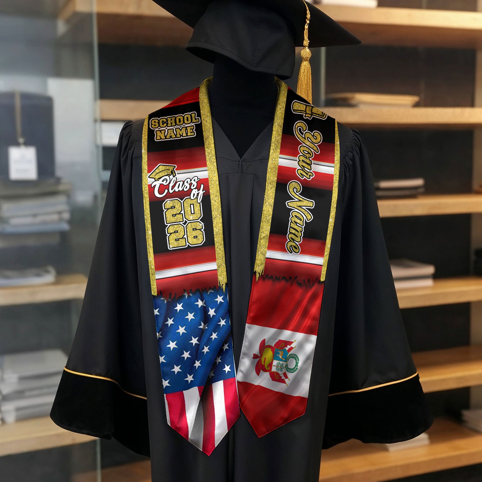 Customized Peru Graduation Stole Featuring Peruvian Flag Heritage Pattern, Graduation Sash Class of 2026