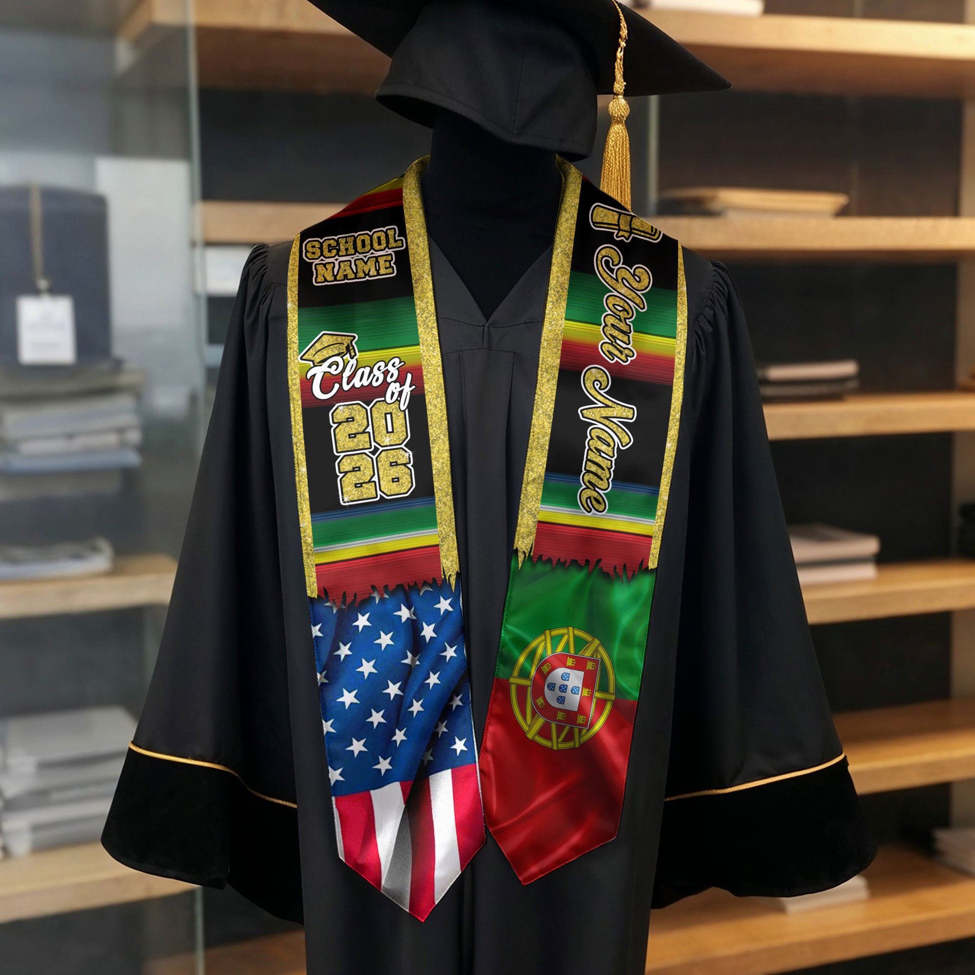 Customized Portugal Graduation Stole Showcasing Portuguese Flag Design, Graduation Sash Class of 2026