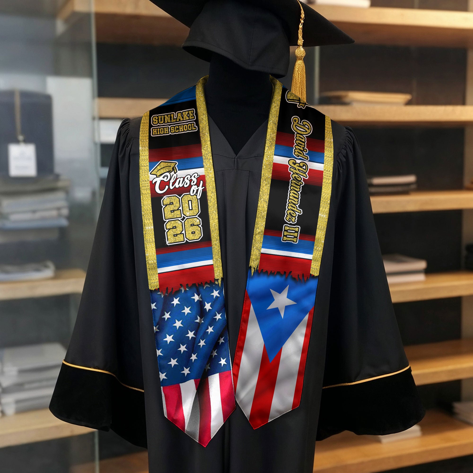 Customized Puerto Rico Graduation Stole Featuring Puerto Rican Flag Heritage, Graduation Sash Class of 2026