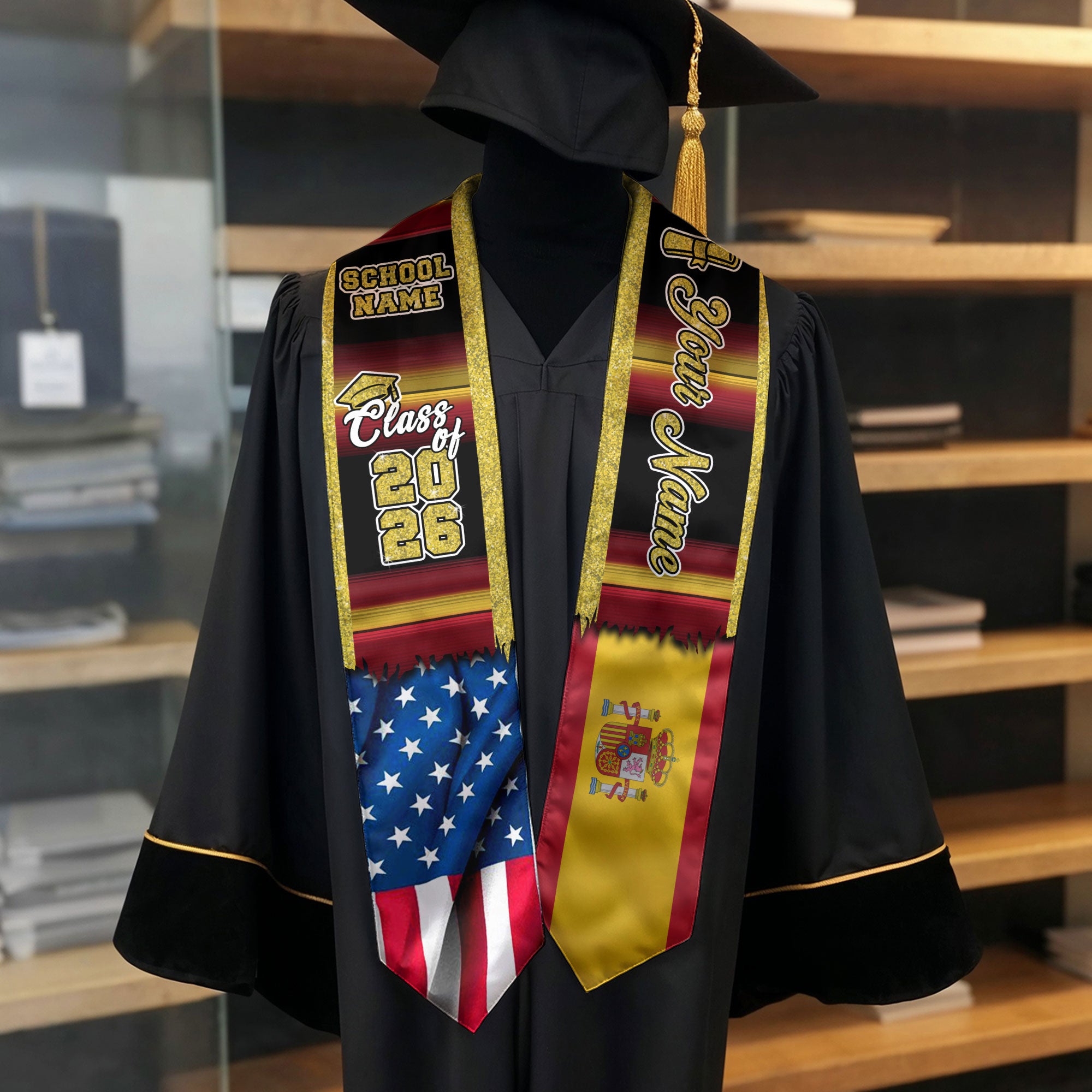 Customized Spain Graduation Stole with Spanish Flag Inspired Design, Graduation Sash for Class of 2026
