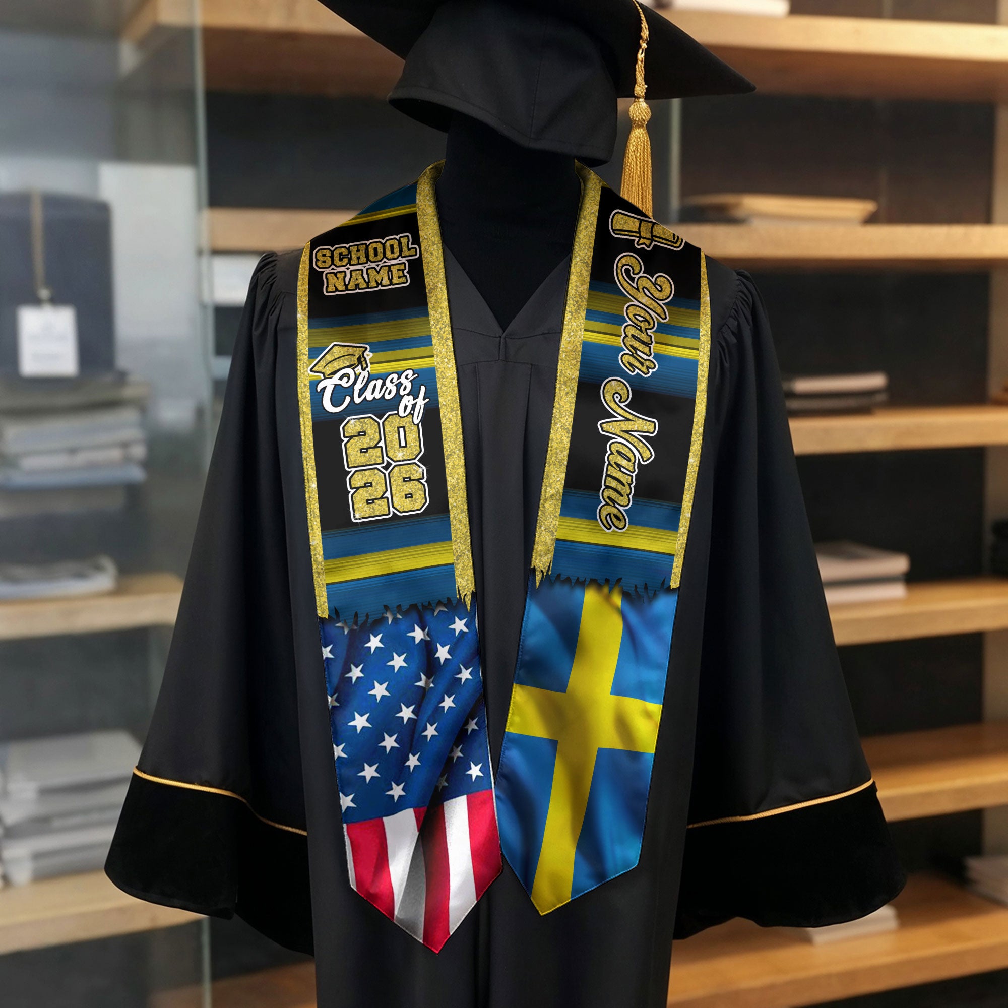 Customized Sweden Graduation Stole Highlighting Swedish Flag Heritage Pattern, Graduation Sash Class of 2026