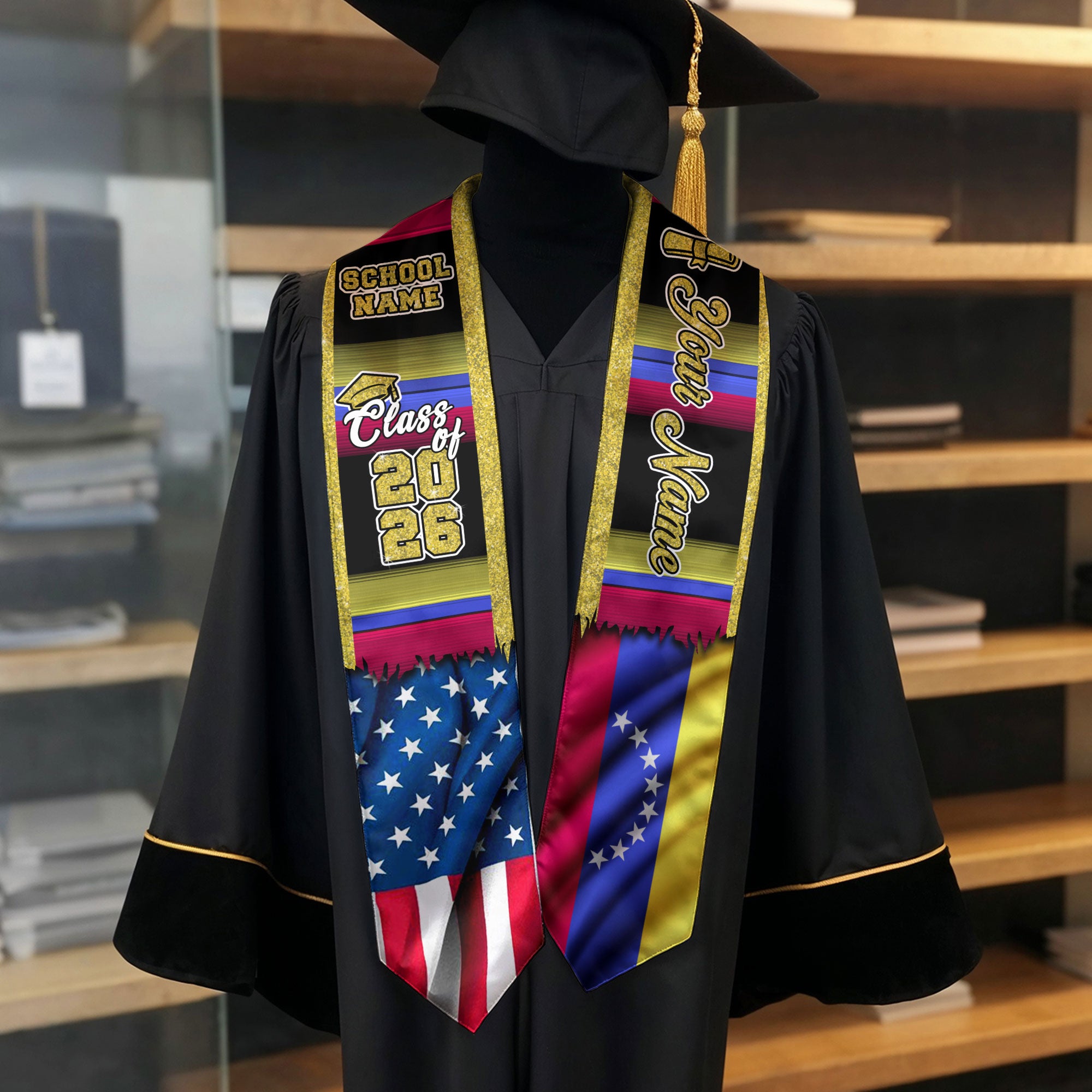 Customized Venezuela Graduation Stole Featuring Venezuelan Flag Inspired Pattern, Graduation Sash for 2026