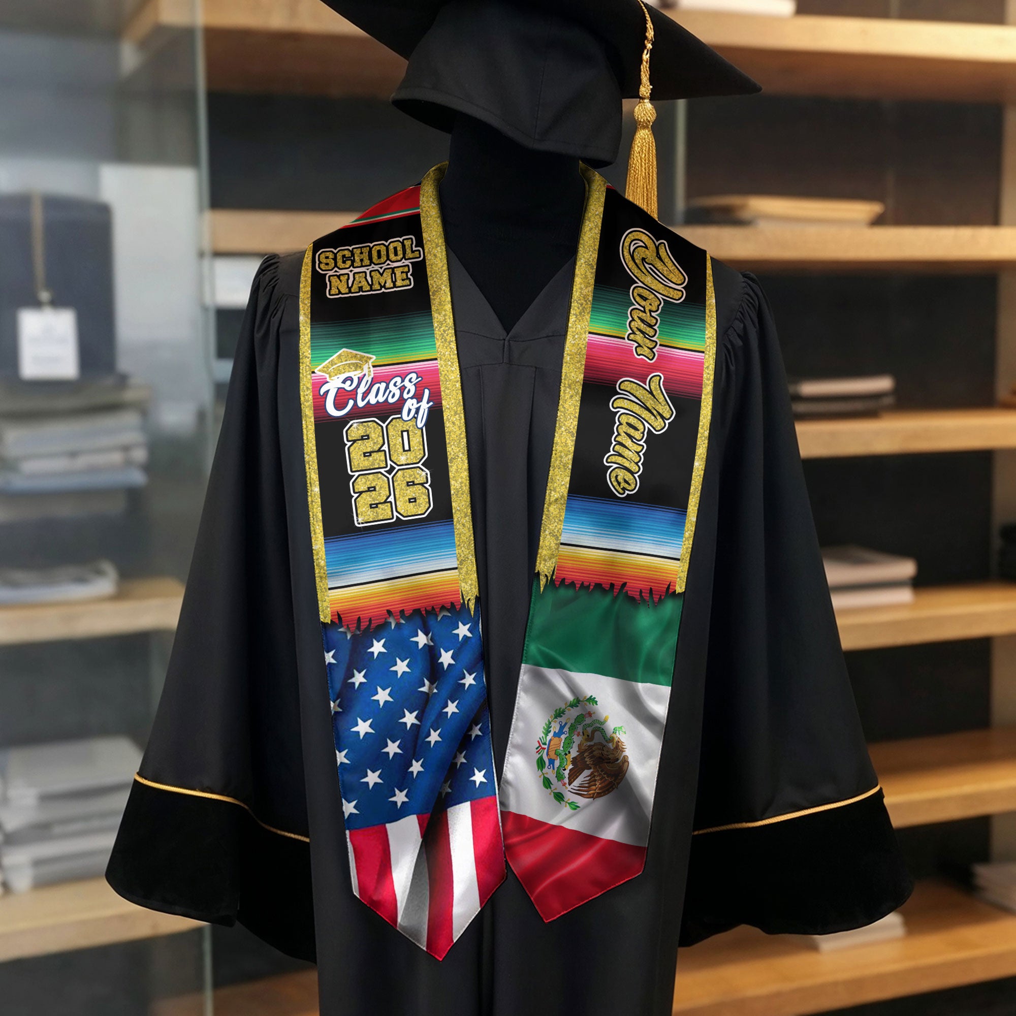 Mexican American Flag Graduation Stole 2026, Mexico Graduation Stole, Mexican Sash