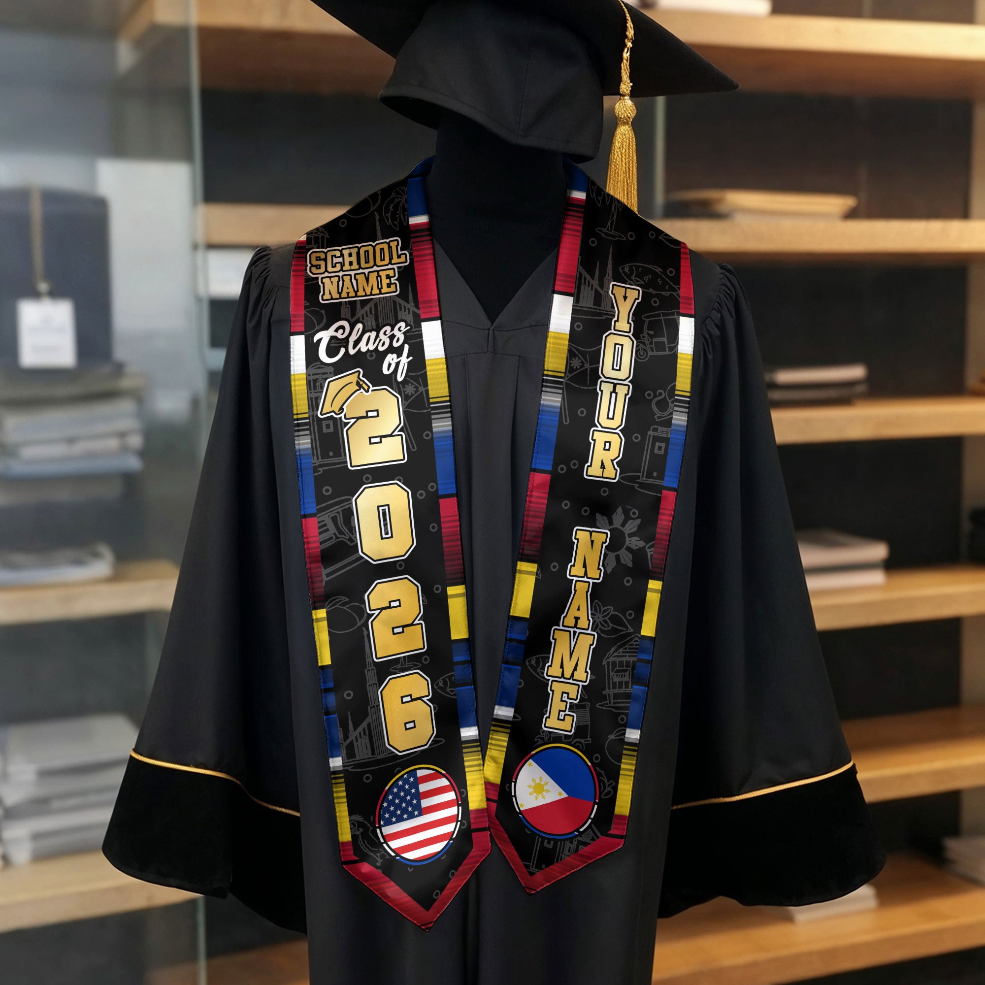 Filipino Flag Graduation Stole 2026, Philippines Sash Stole, Custom Accent for Graduates